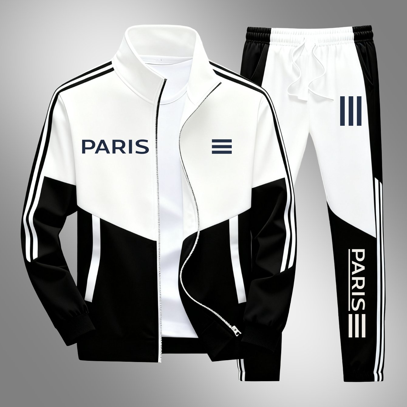 2026 Europe And America Mens Paris Print Stand Collar Jacket And Pants 2pcs Set