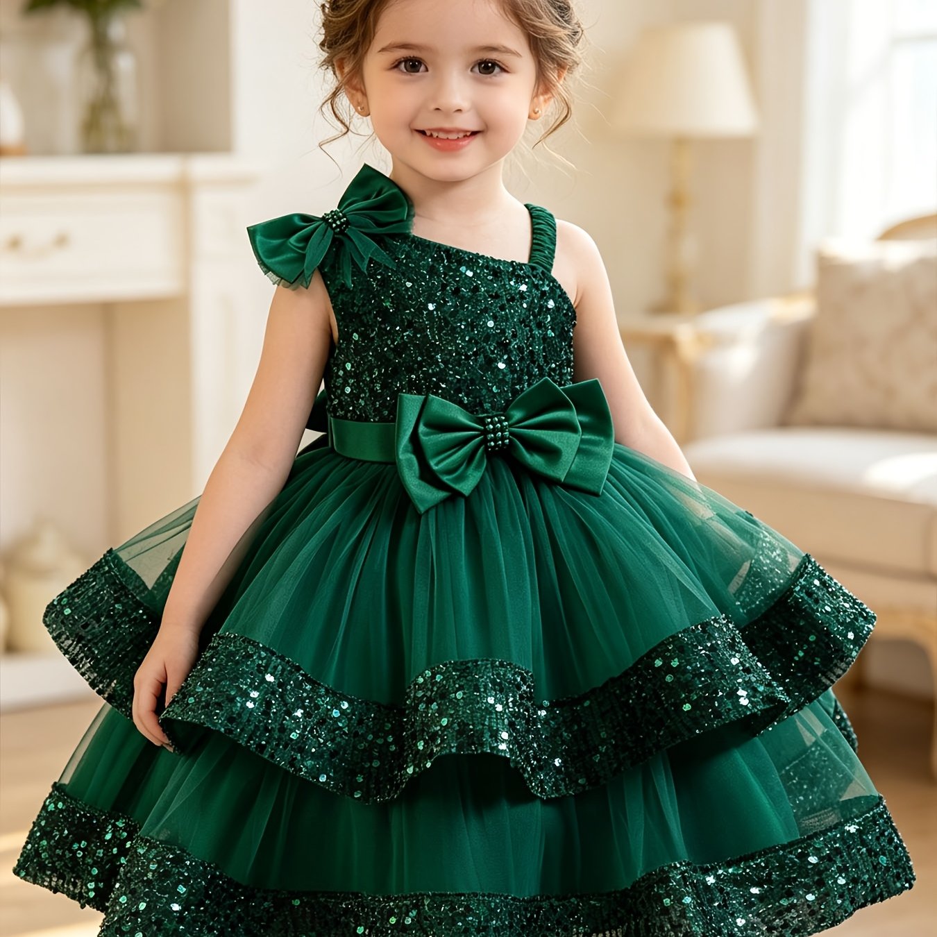 Image of Girl's Fashionable Single-shoulder Sequin Sheer Tulle Princess Layered , Holiday Performance, Party Dress For Girls