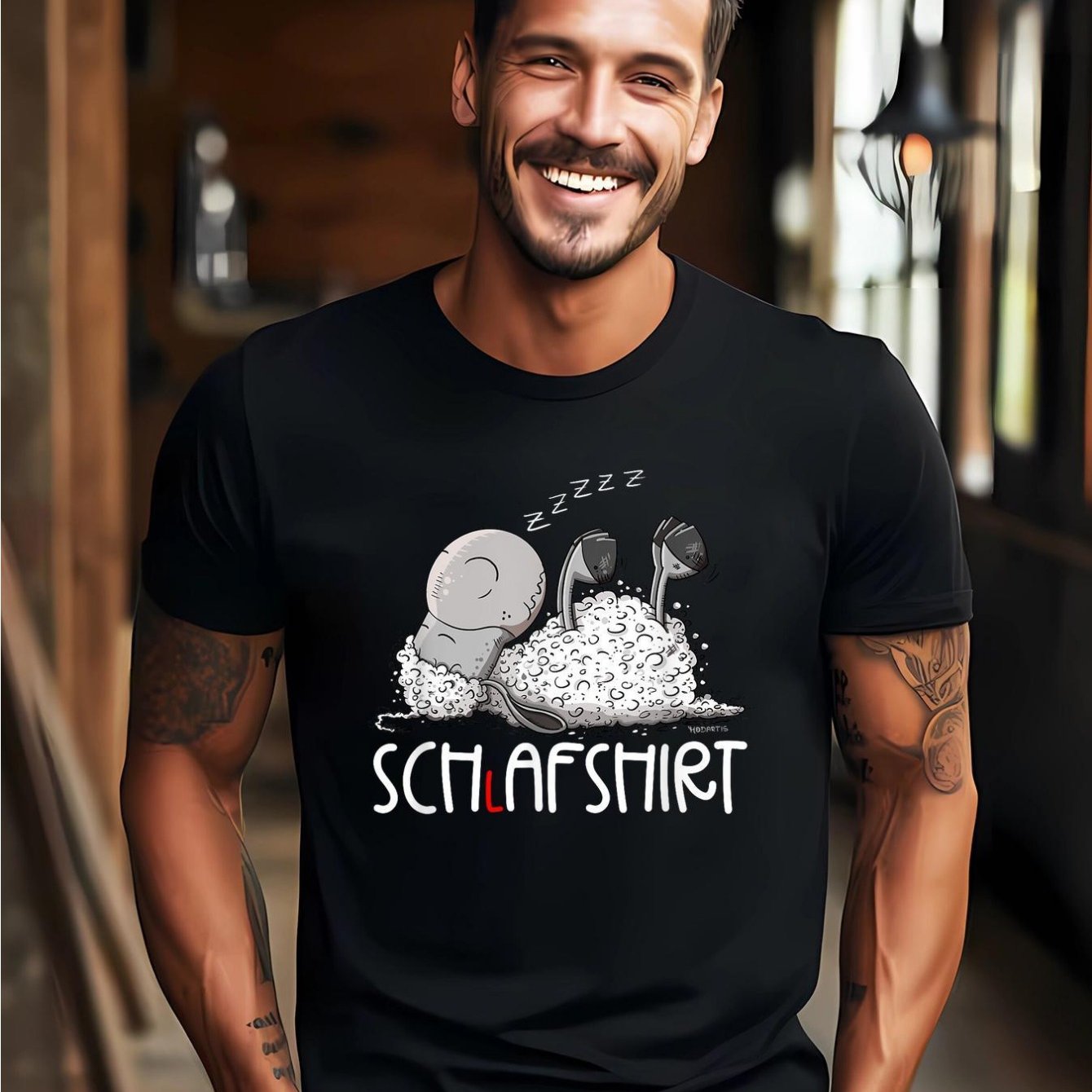 Image of Men's Humorous Sheep Top - German "sheep-sheep-t" "sleeping" Graphic Tee - Comfortable Shirt For Everyday Wear, Party Clothing - Washable Black Tee Featuring - Present For Men (standard Fit)