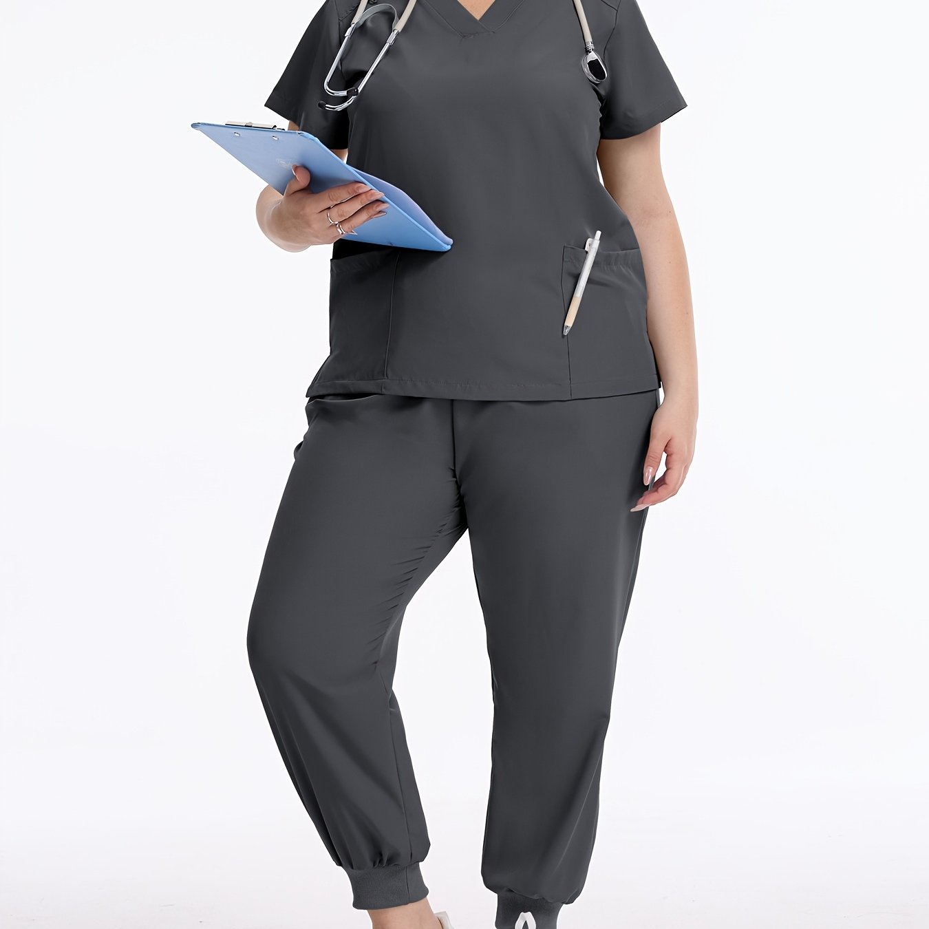 TEMU Ensemble de vêtements de travail décontractés pour femme grande taille, blouse à manches courtes et col en V, lavage à /brossage à