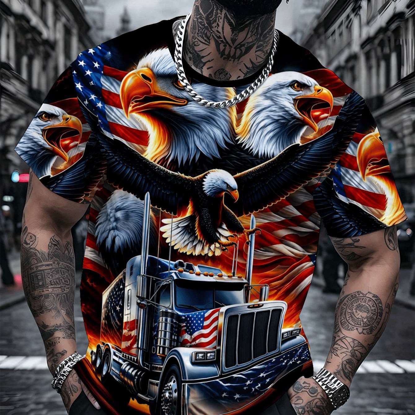 TEMU [print Design Not Textured] New Plus Size Men's Casual Sports T-shirt, Eagle Truck Pattern Print, Rugged Style, Fashionable Casual Top, Suitable