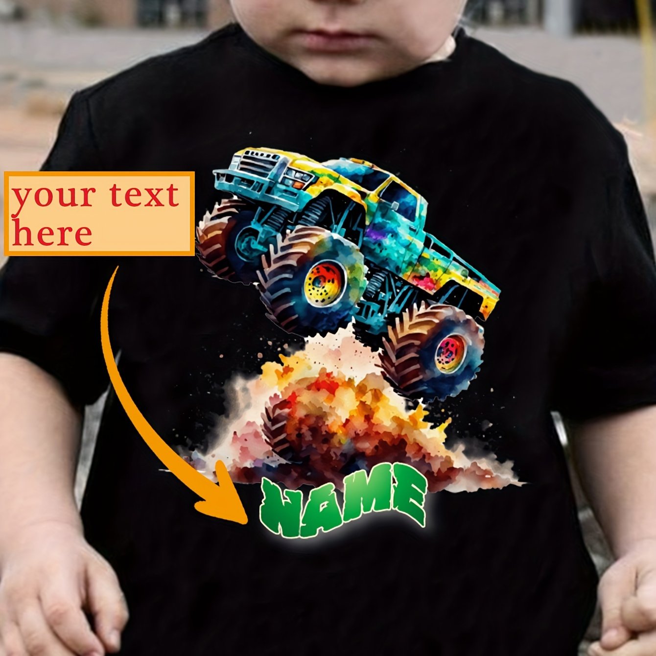 Image of Boy's Customized T-shirt, Vintage Monster Truck Print With Personalized Name, Casual Comfy Short Sleeve Crew Neck Summer Top