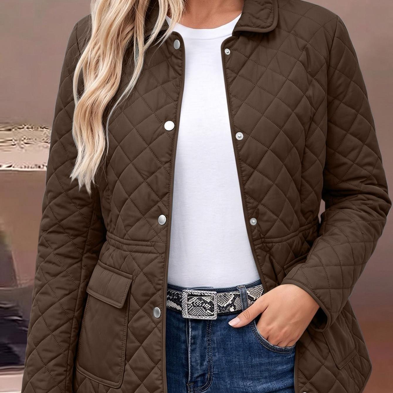 Image of Women's Lapel Collar Diamond Quilted Padded Jacket Long Sleeve Snap Button Front Slim Waist Design With Flap Pockets Lightweight Casual Outerwear Coat For Autumn Winter Daily Wear
