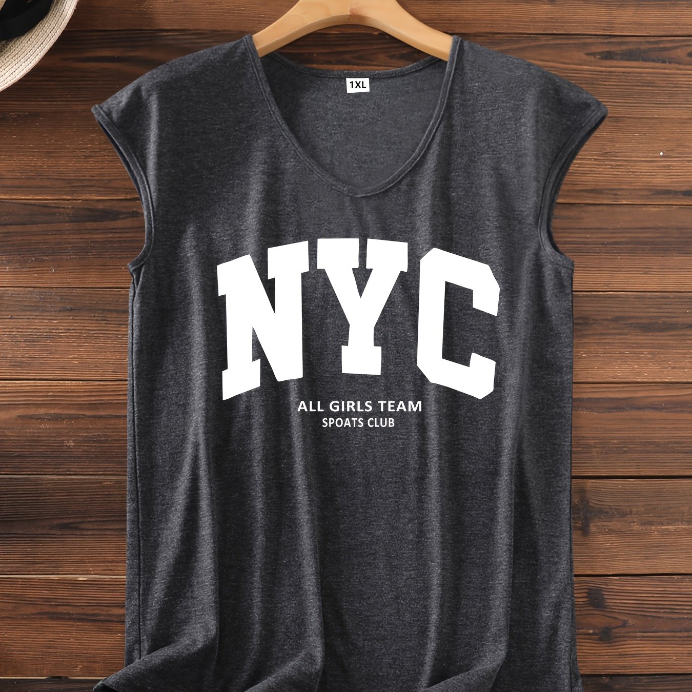 TEMU Plus Size, Plus Size Letter Print Tank Top, Sleeveless Casual Top For Summer & Spring, Women's Plus Size Clothing