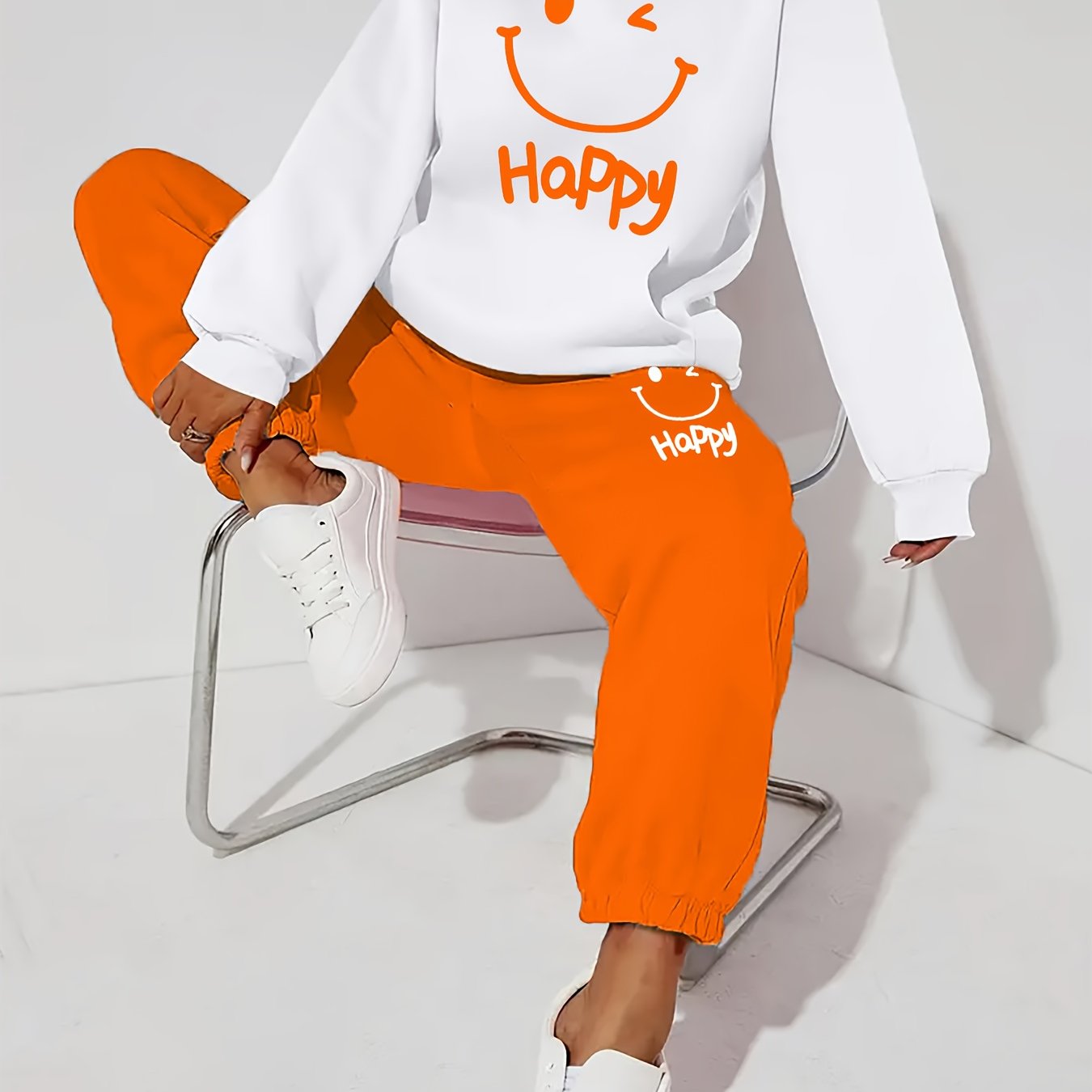 TEMU 2025 Fall/winter New "happy" Text And Face Pattern, Casual Letter Print Loose Warm Long Sleeve Hooded Sweatshirt With Elastic Waist Drawstring