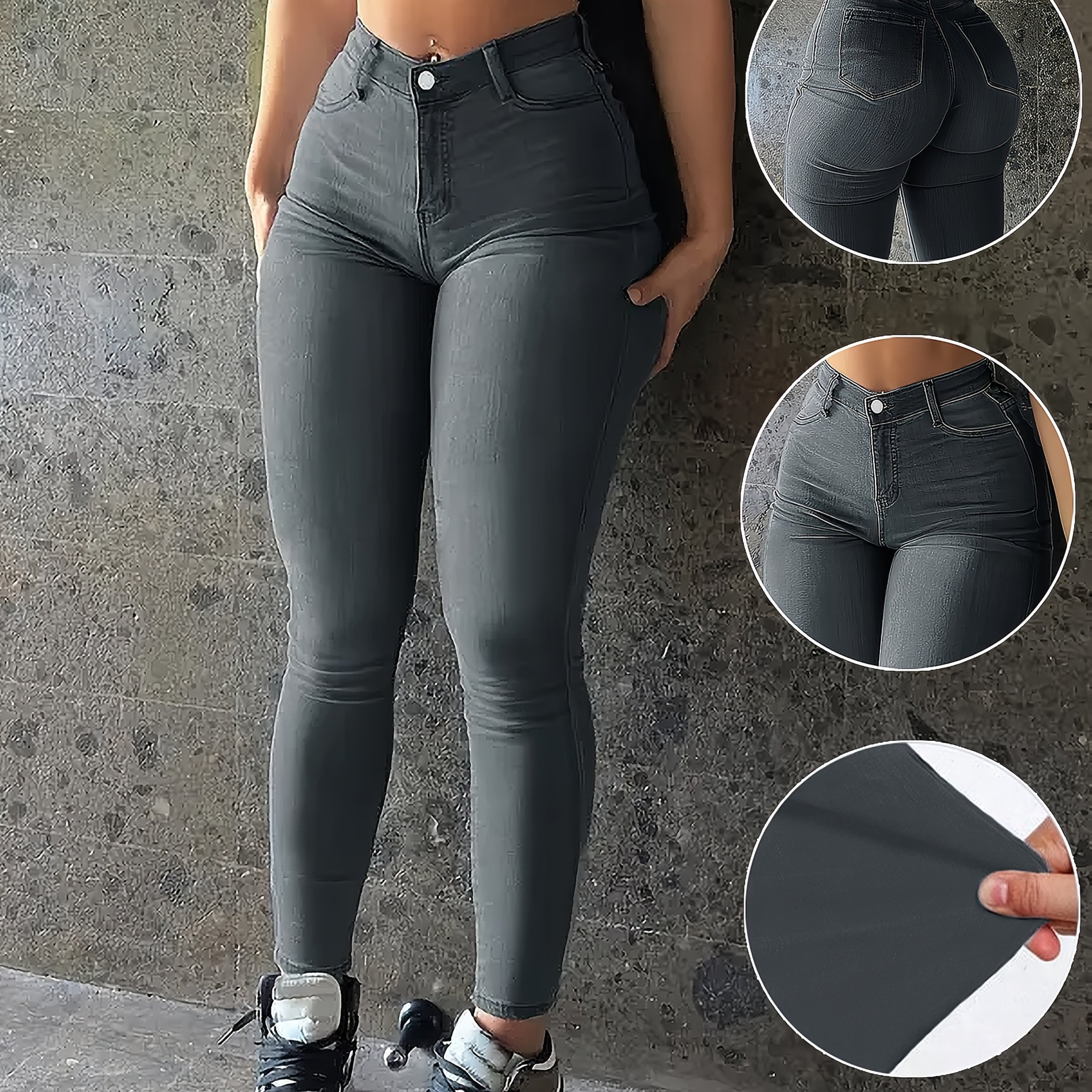 Image of Women's Plain Skinny Fit Washed Denim Jeans, , Zipper Button Closure Jeans, Outfit, Women's Denim Jeans And Clothing