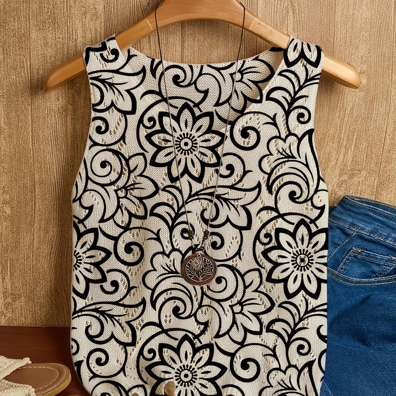 TEMU [Impression numérique 2D] Gilet pull à œillets bohème du d'été, nouveau, , élégant et polyvalent, haut pour femme avec motif imprimé numérique à