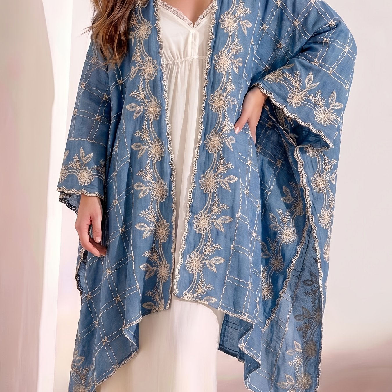 TEMU Plus Size - Bohemian Mesh Floral Embroidery Cardigan Women's Summer, Thin Breathable Beach Cover-up