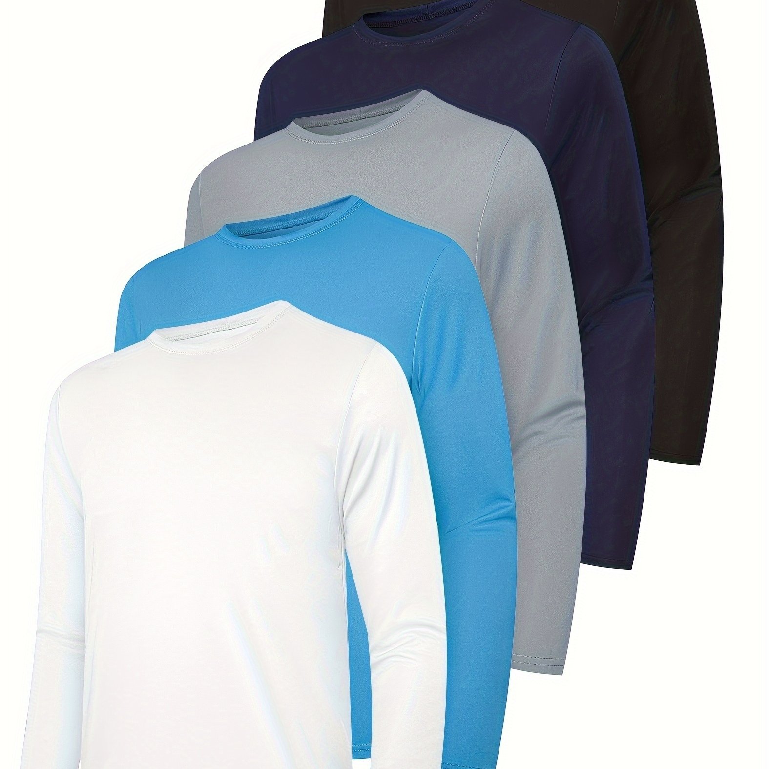 TEMU 5pcs Men's Sports And Leisure Long Sleeved T-shirt, , Breathable Quick Drying Solid Color Round Neck Sports Top