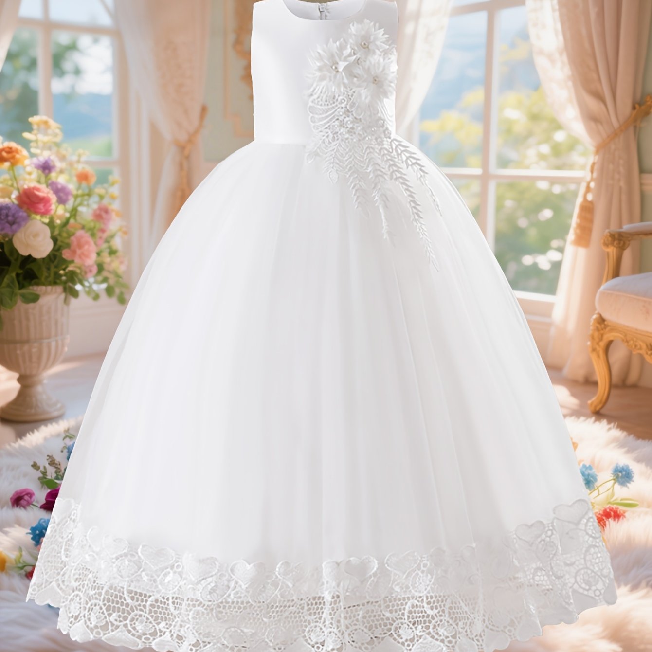   lace princess dress for girls formal gown 3d floral embroidery dress with heart shaped lace hem and back bow wedding   birthday party holiday banquet elegant princess tulle dress