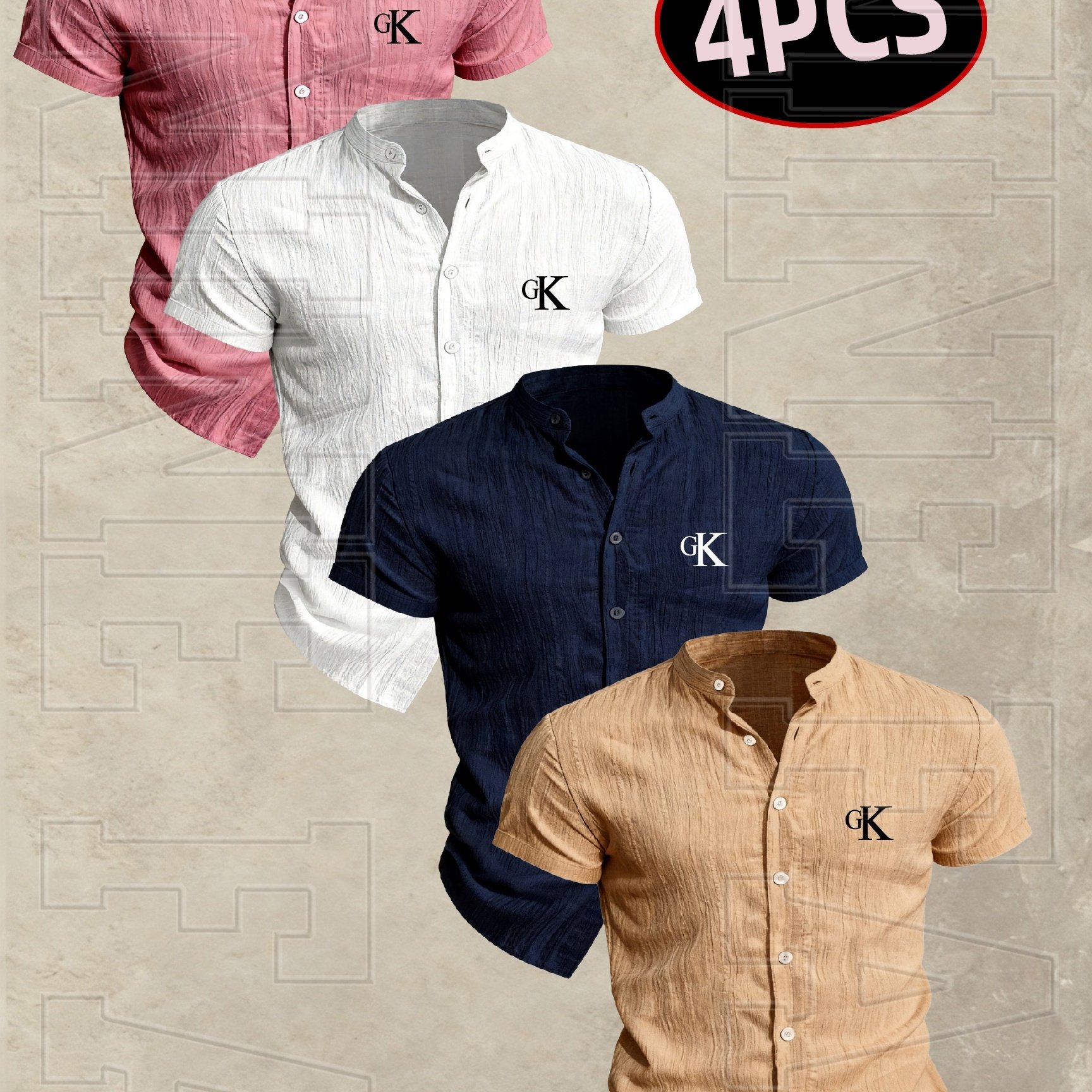 TEMU [qiaoximei Obm] 4pcs Set, Men's Summer Short Sleeve Shirts - Lightweight Breathable Solid Color Button-up Shirts, Geometric Pattern With Stand