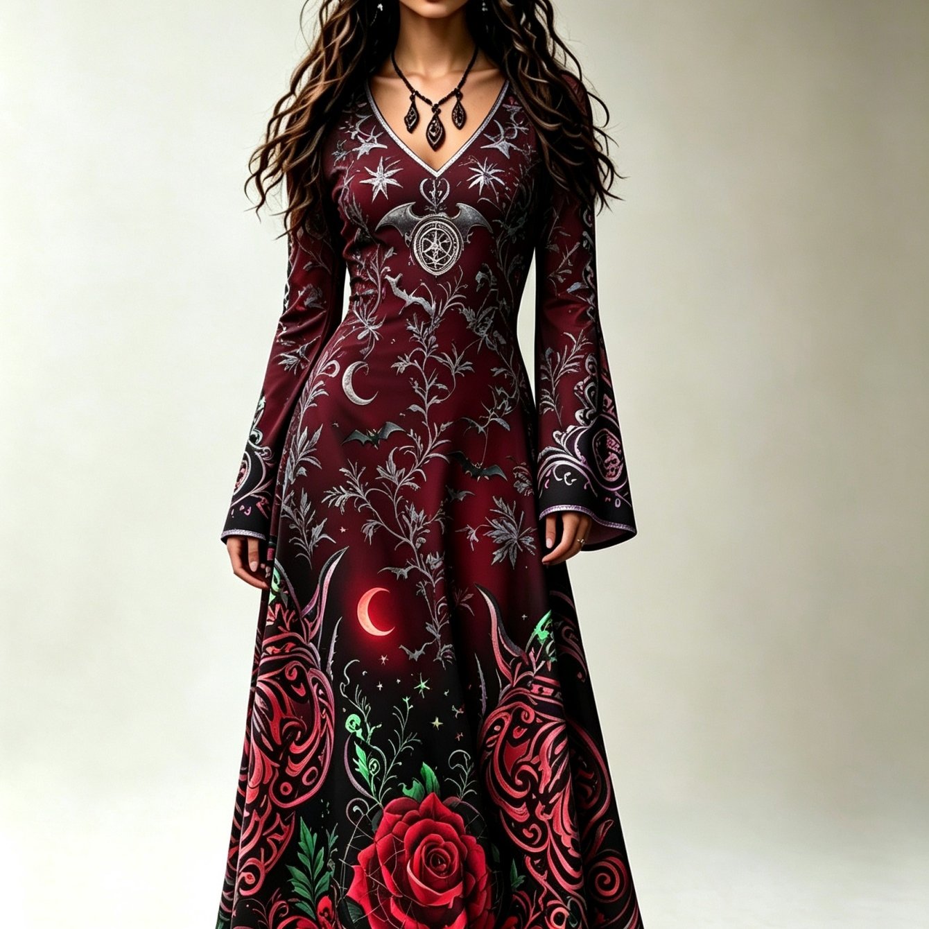Image of Plus Size, Large-size Medieval V-neck Bell Sleeve Maxi Dress - Full-length -length Historical Costume Dress Suitable For Themed Events, Weddings, Renaissance , Machine Washable Elegant Dress