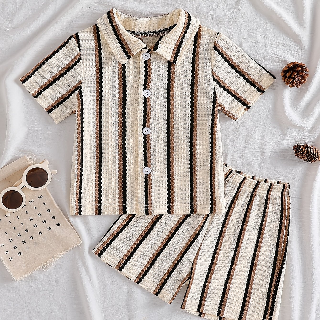 Image of Trendy Kids Striped Waffle Knit Clothing Set, Short Sleeve Button Up Shirt + Elastic Waist Shorts 2pcs Suit, Soft Comfortable Stylish Resort Wear For Boys, Perfect For Summer , Picnics, And
