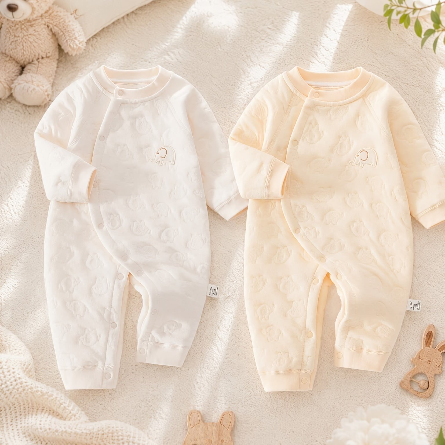 Image of 2pcs/set Autumn And Winter Baby Girls Romper Pure Cotton Warm Newborn Crawling Clothes Comfortable Breathable Home Jumpsuit Solid Color Simple Children's Clothing, Perfect For Outdoor