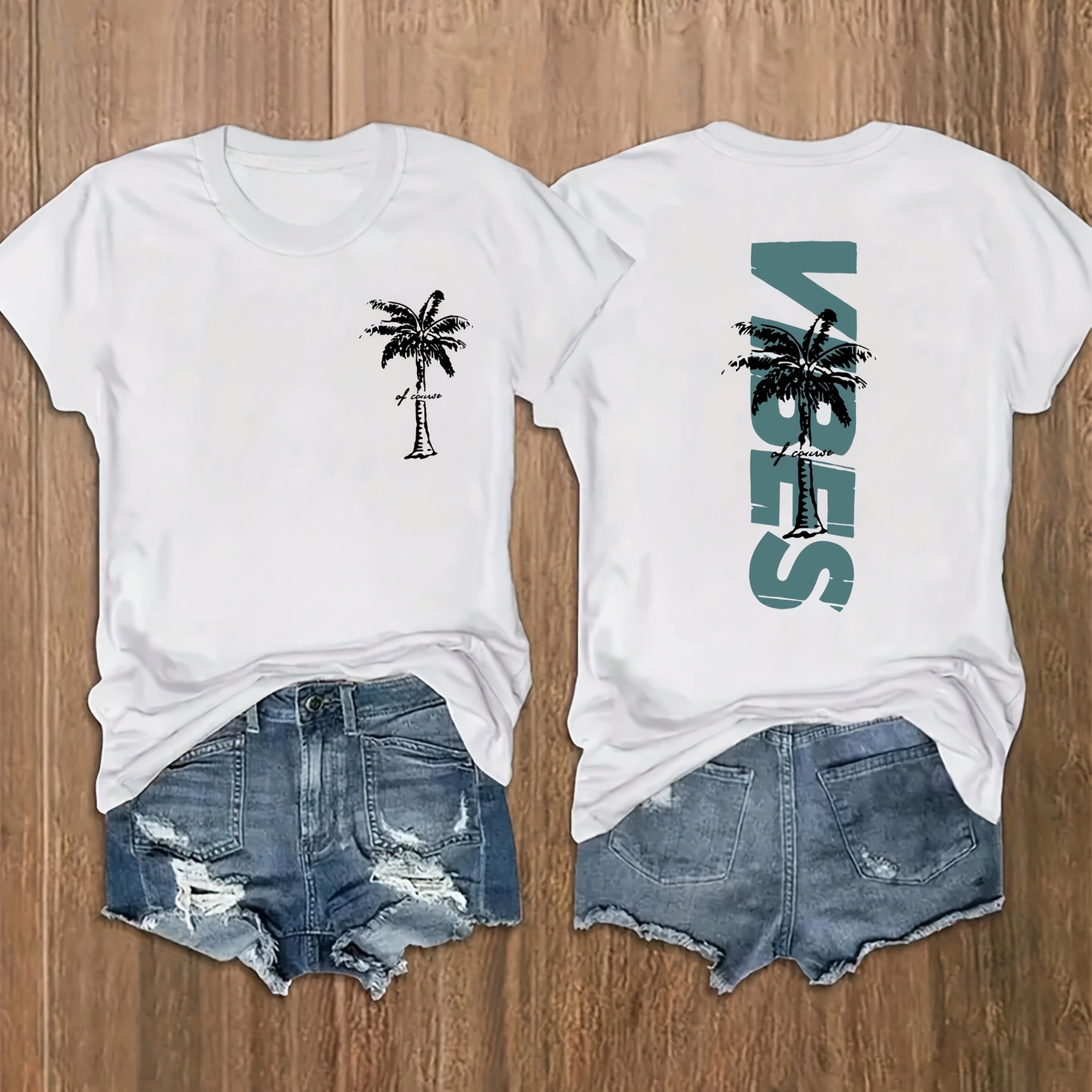 Coconut Tree Letter Printed Women's Spring And Summer Combined Edition Round Neck T-shirt