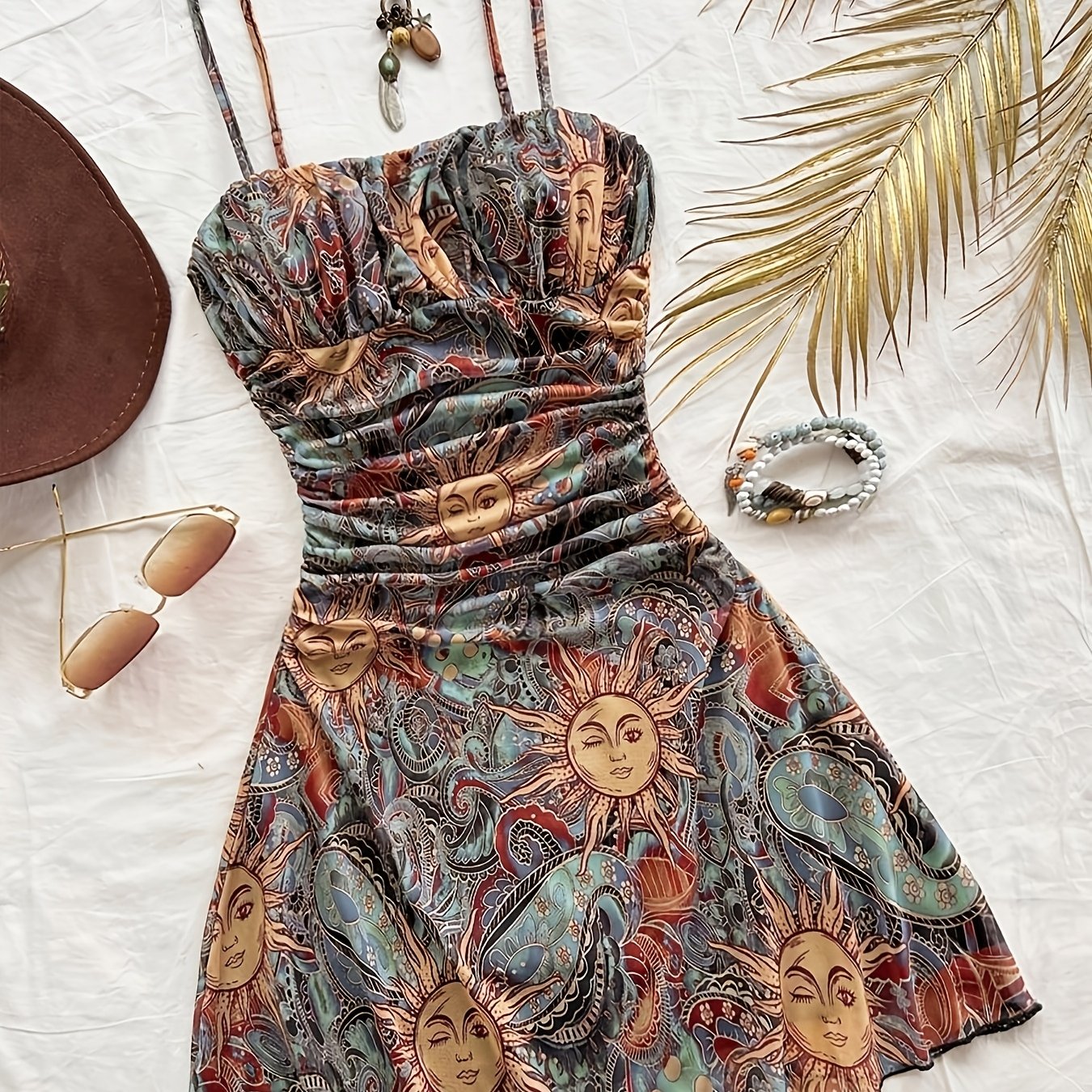 TEMU Summer Holiday, Date, Afternoon Tea, Vacation, Music Festival, Bohemian Style, , Ethnic Print Dress, Women's Printed Camisole With Chest Ruffles