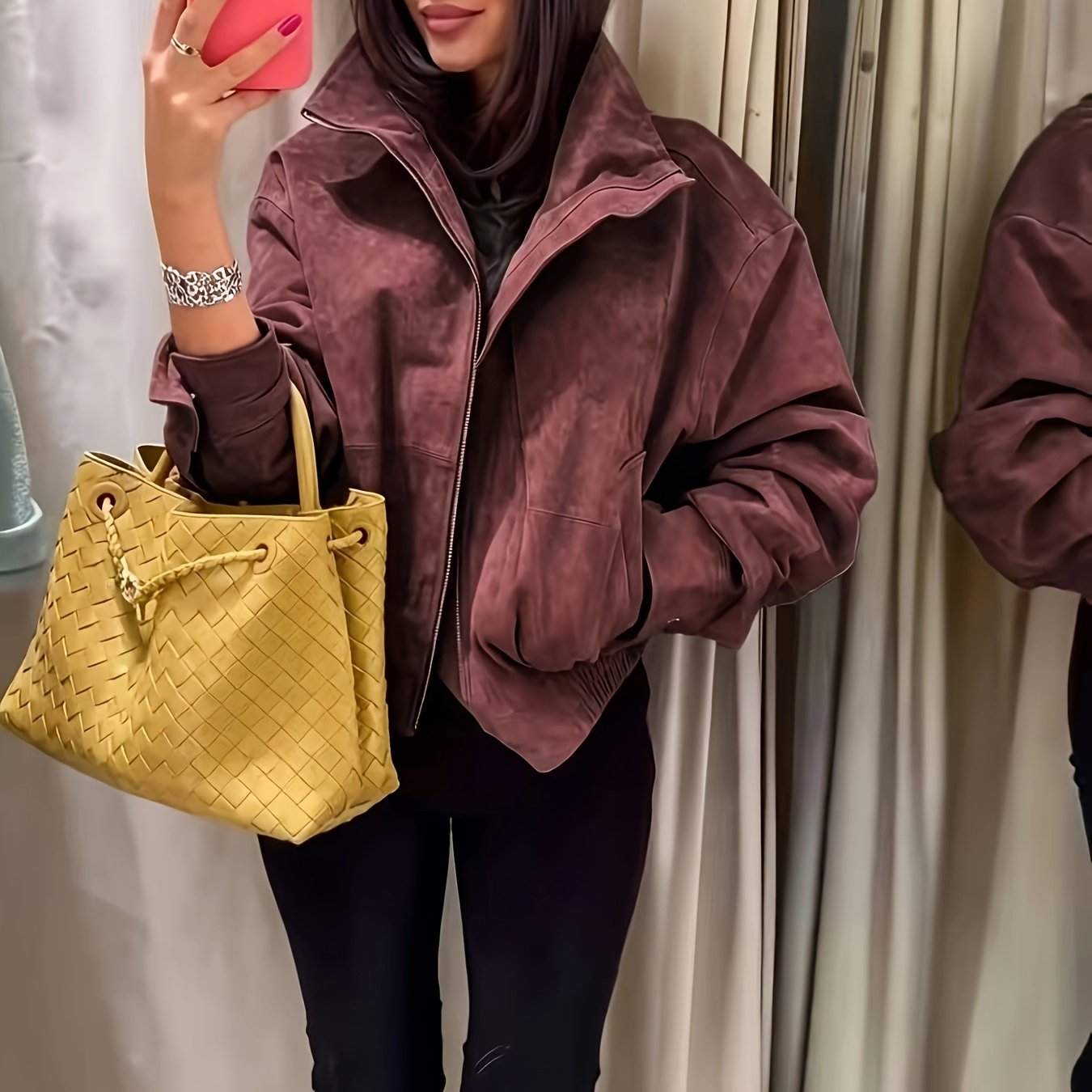 TEMU Women's Autumn/ Lapel Vintage Biker Style Cropped Jacket, Instagram Style, Back-to- Season, , Daily Wear, Zipper, Pockets, Lining, Elastic ,