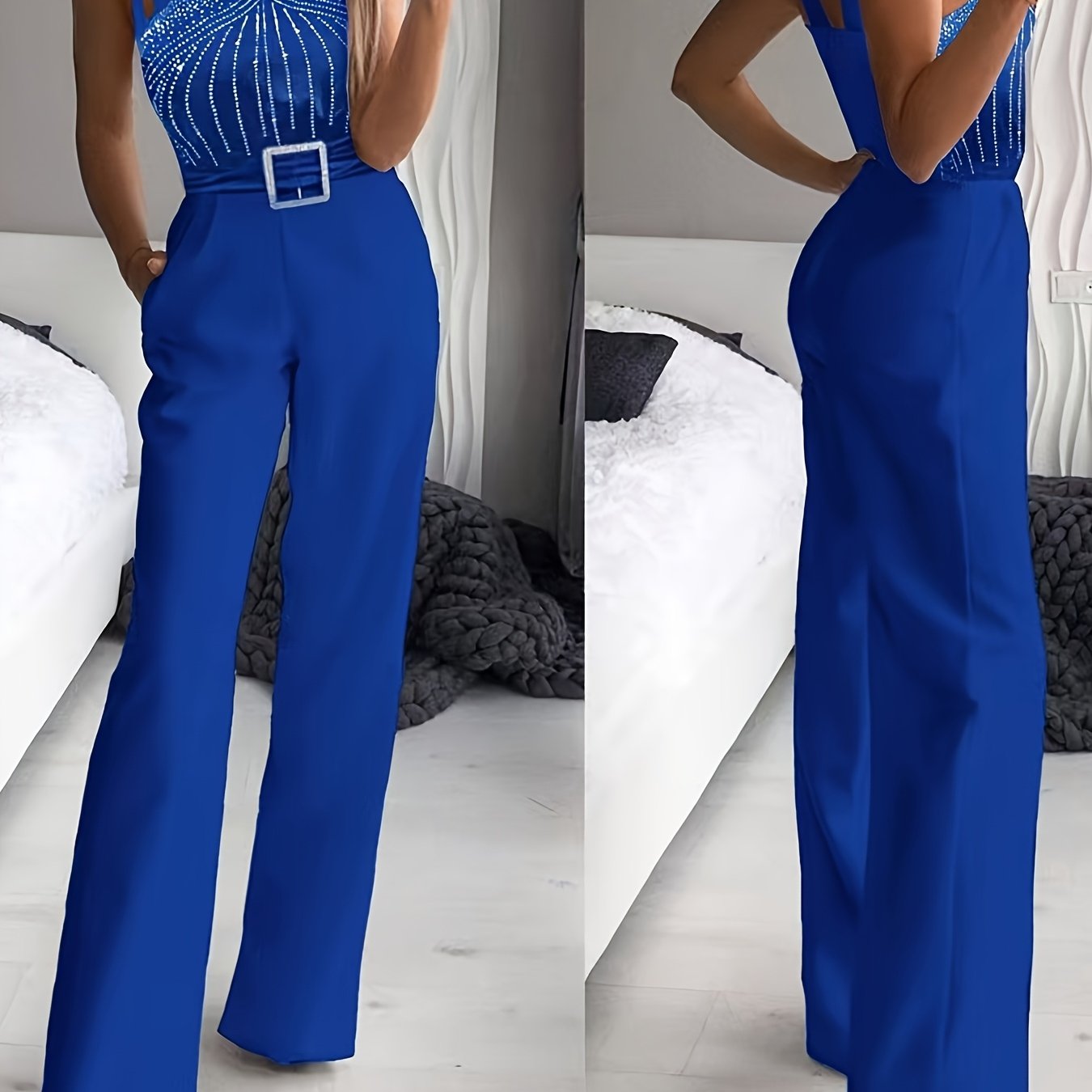 Women's Casual Sleeveless Waist-cinching Wide-leg Jumpsuit With Rhinestones