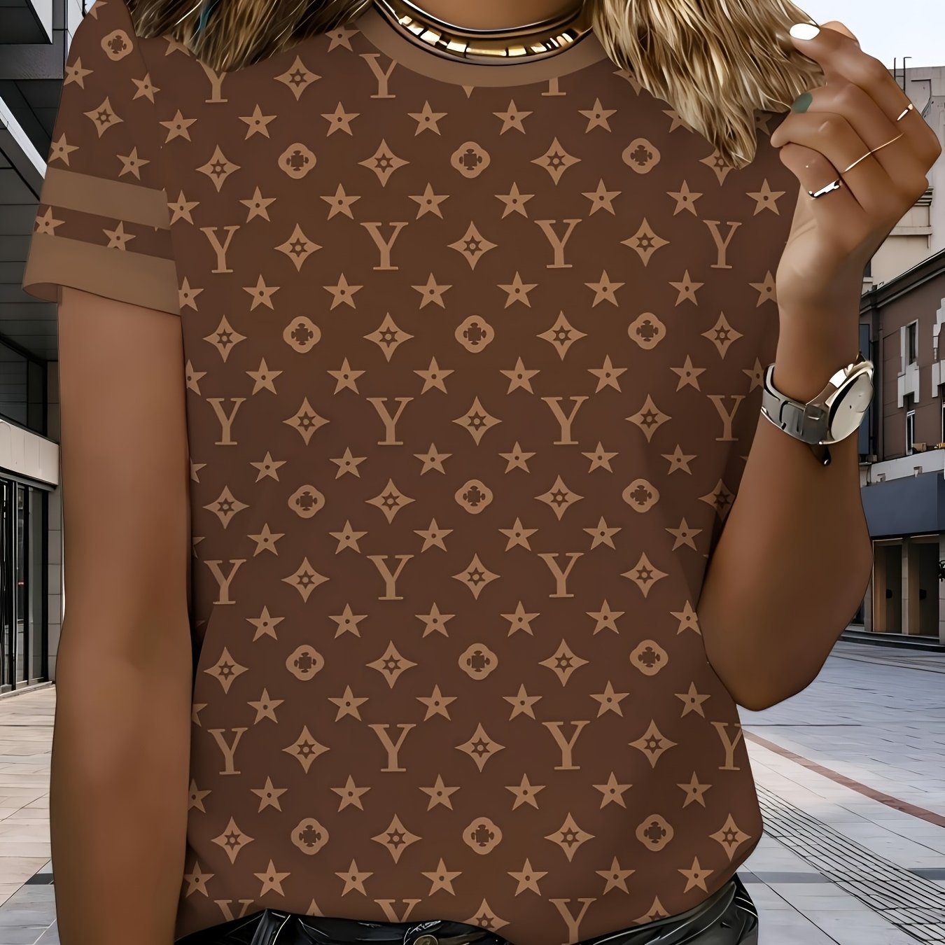 TEMU Elegant Everyday Tee, Dainty Recurring Monogram Motif Full Digital, Fabric Fits Casual Upscale Tea