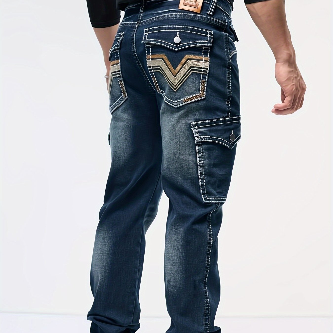Men's Vintage Embroidered Stretch Pants With Multiple Pockets - Slim-fit Straight- Washed Jeans Suitable For - Wear & Everyday Or Special Occasions - Retro Style