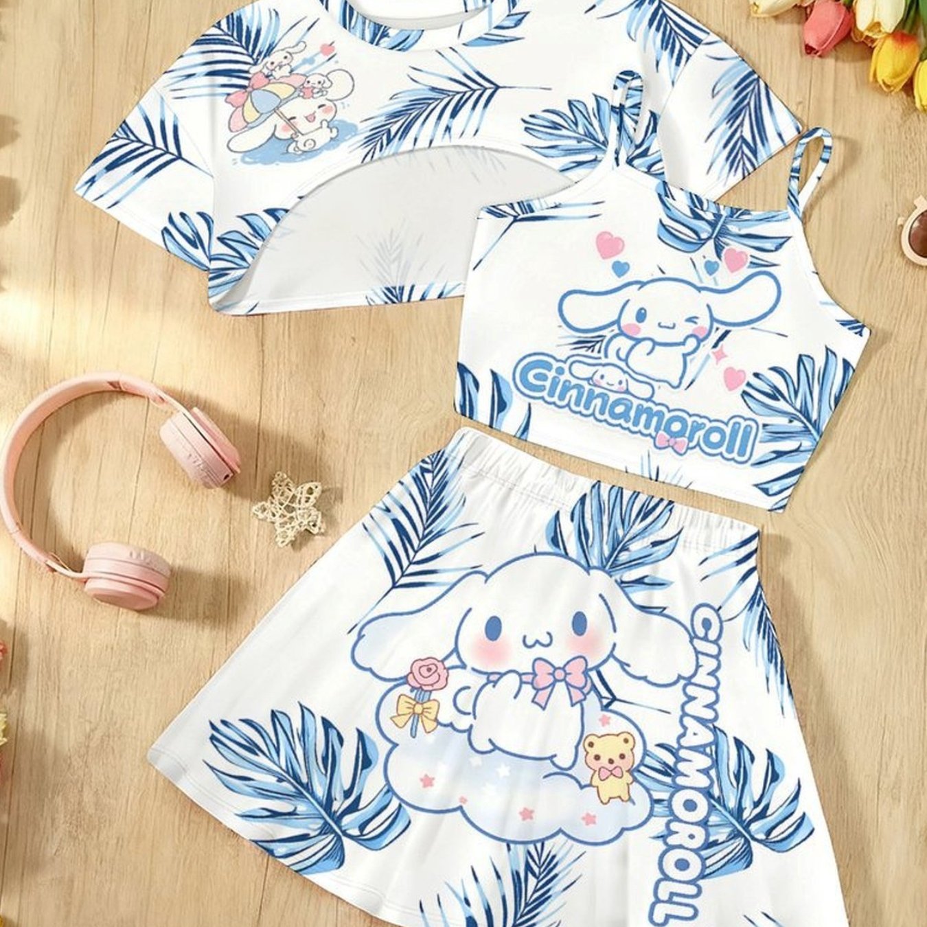 Image of Girls' Coat, Strap And Short Skirt 3pcs Set - Digital Printed And Kuromi Cinnamoroll Pattern Printed Casual Fashion Dressing, For Outdoor