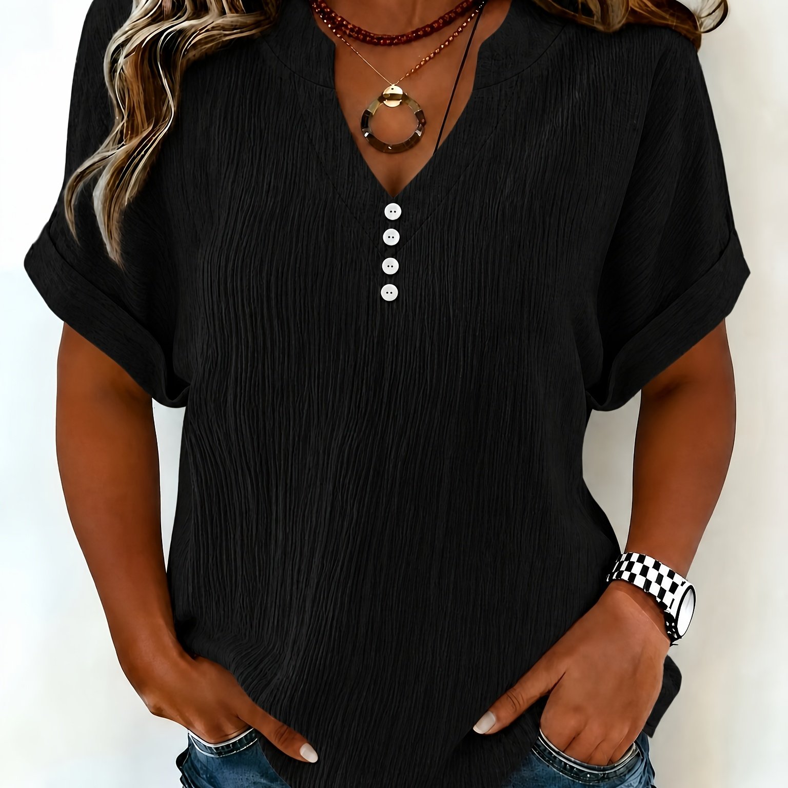 TEMU Women's -neck Button-up T-shirt - Short Sleeve Solid Color Button-front Top, Machine Washable Elegant Casual Shirt Suitable For , Office Wear &