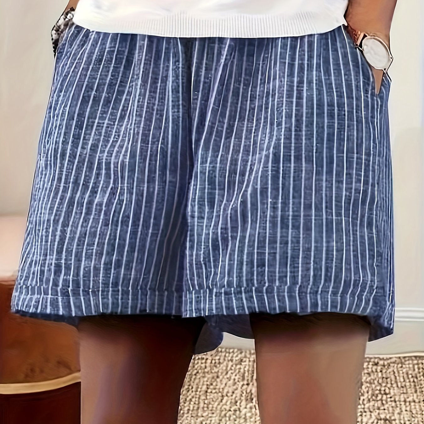 TEMU Women's Striped Pocket Shorts, Summer Casual Wide Leg Elastic Waist Shorts