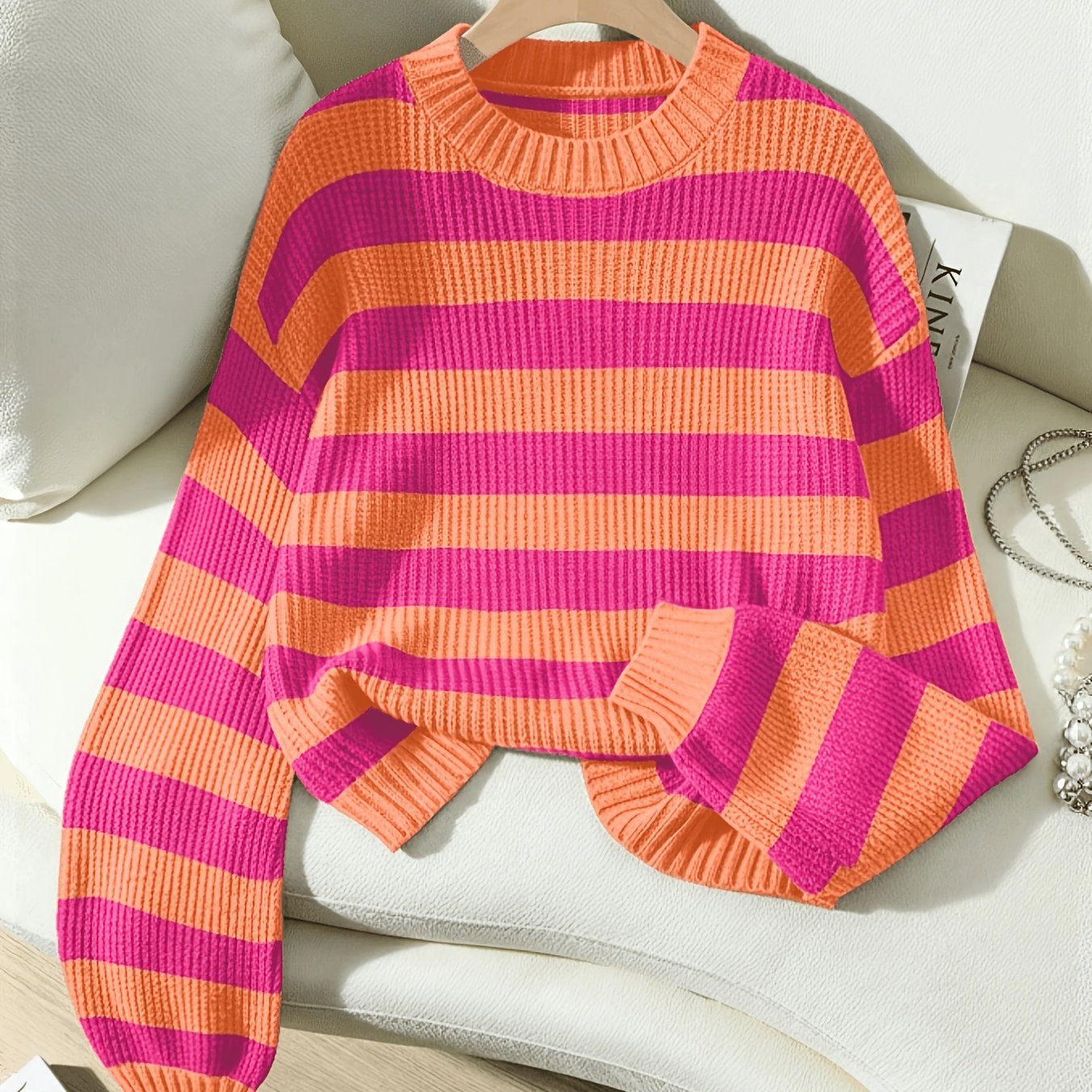 TEMU Striped Contrast Short Sweater Women's Loose Drop-shoulder Long Sleeve Versatile Round Neck Base Layer Top