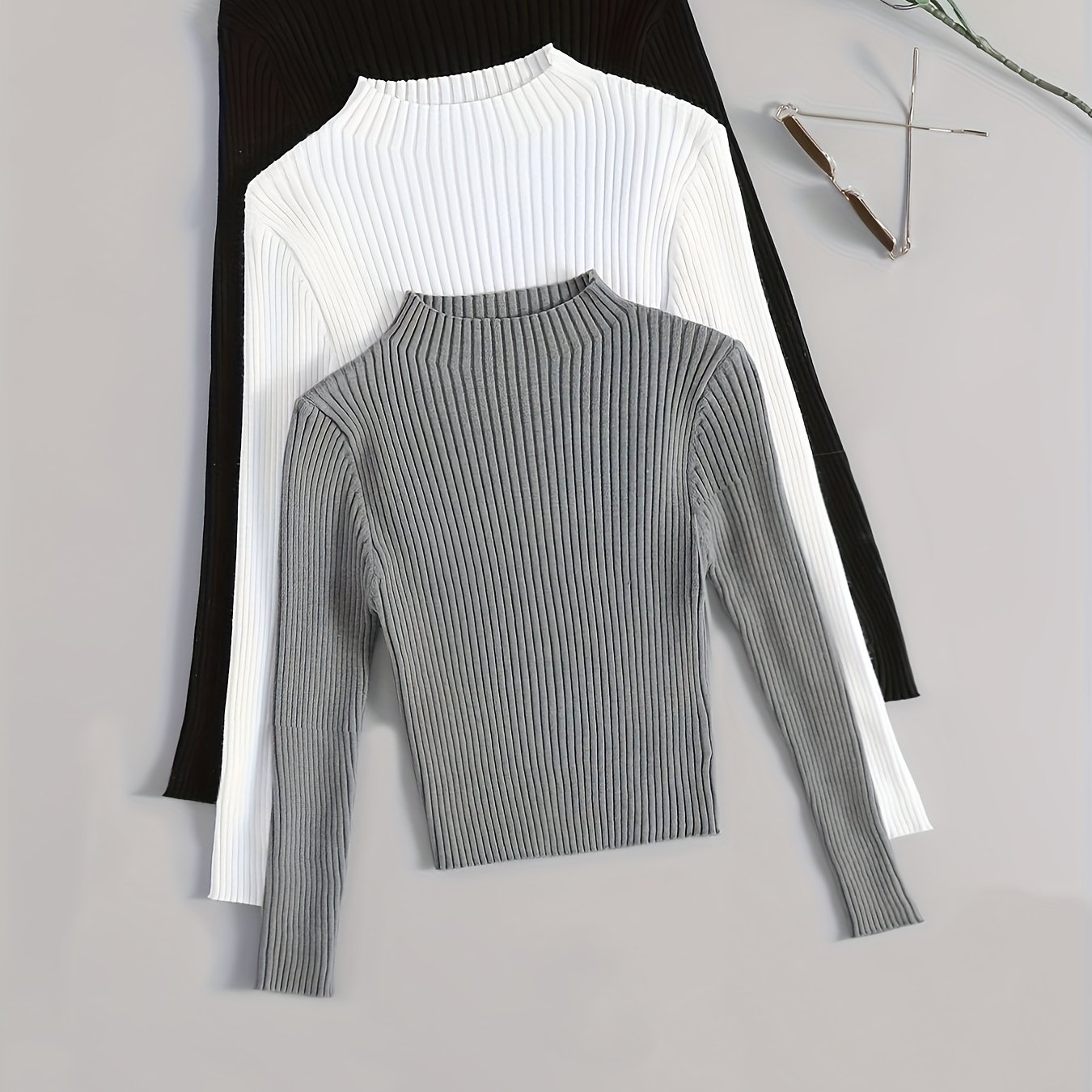 Image of 3pcs Set Stand Collar Ribbed Base Layer Stretch Plain Color Versatile Vintage