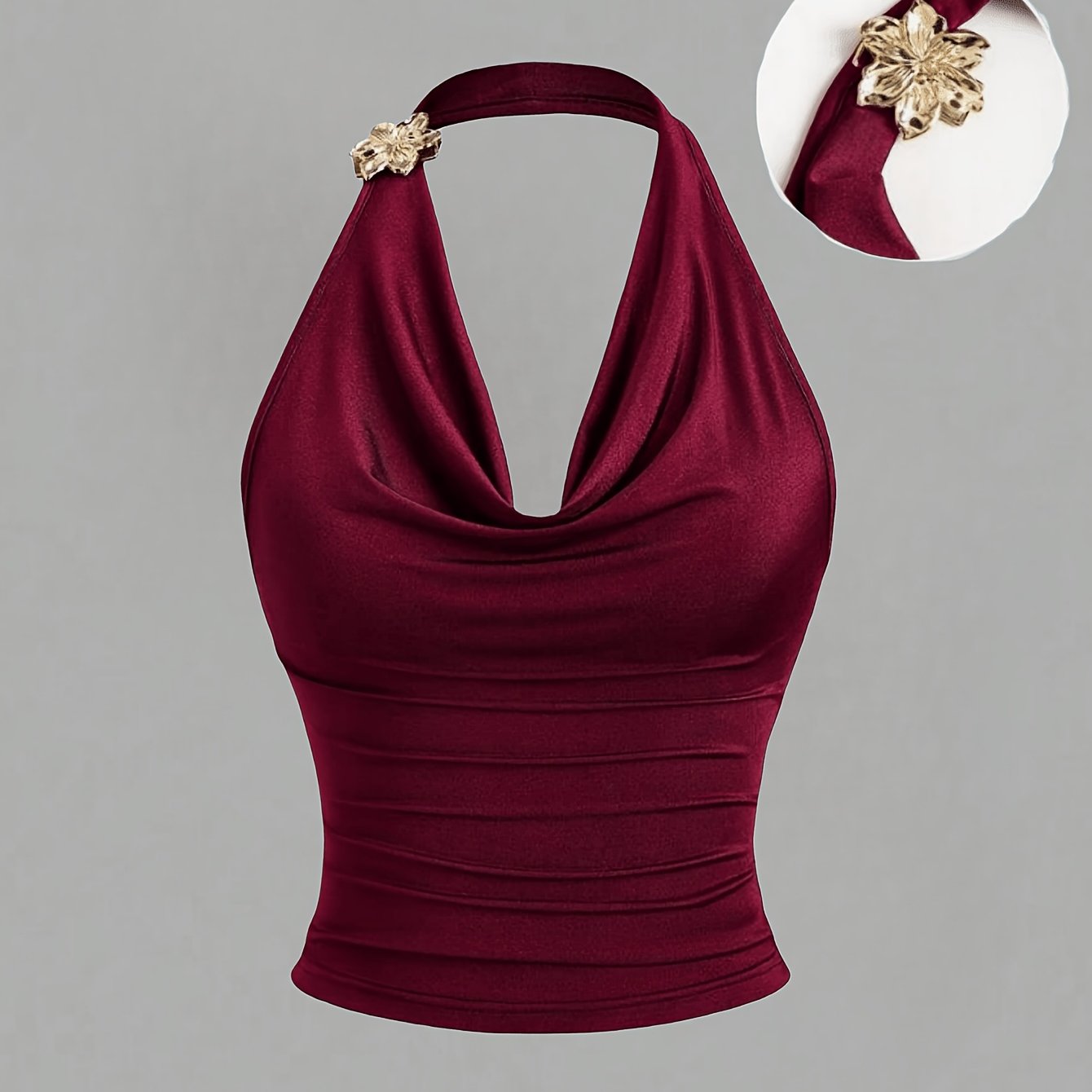 TEMU Women's 1pc Spicy Style Satin Metal Floral Halter Neck Swing Collar Vest Pleated Waist Slim Fit Backless Short Top Women's Summer Dating Street