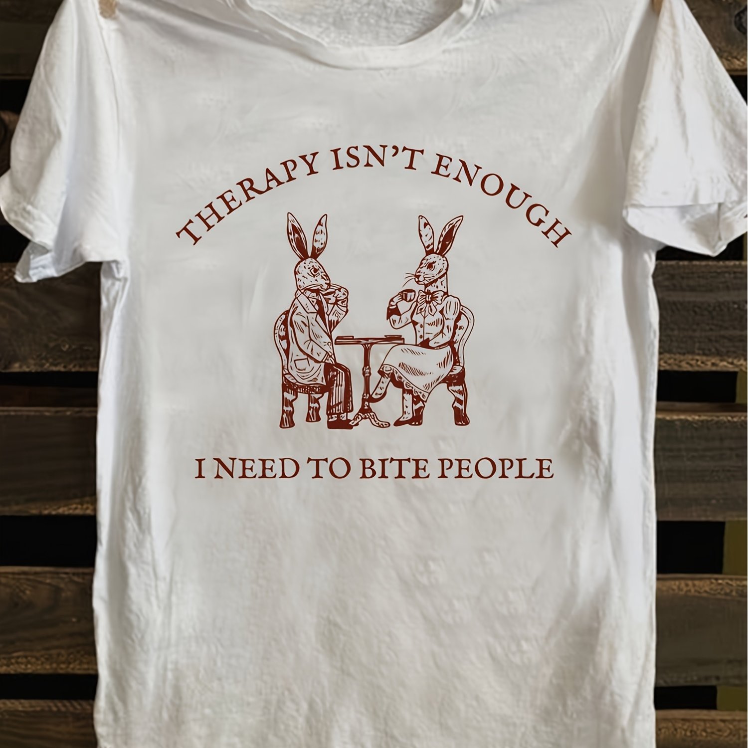 2079-vintage Rabbit Print T-shirt, Short Sleeve Round Neck Casual Top, Women's Z5131