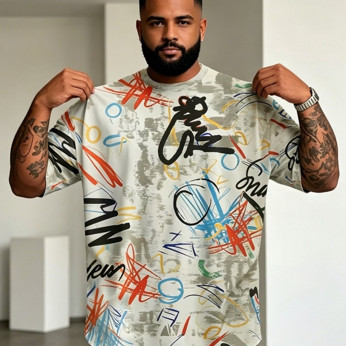 TEMU Men's Plus-size Oversized Streetwear Shirt - Urban Graffiti Print Short-sleeve Blouse Top | Machine Washable Loose Fit Round Neck Shirt Suitable