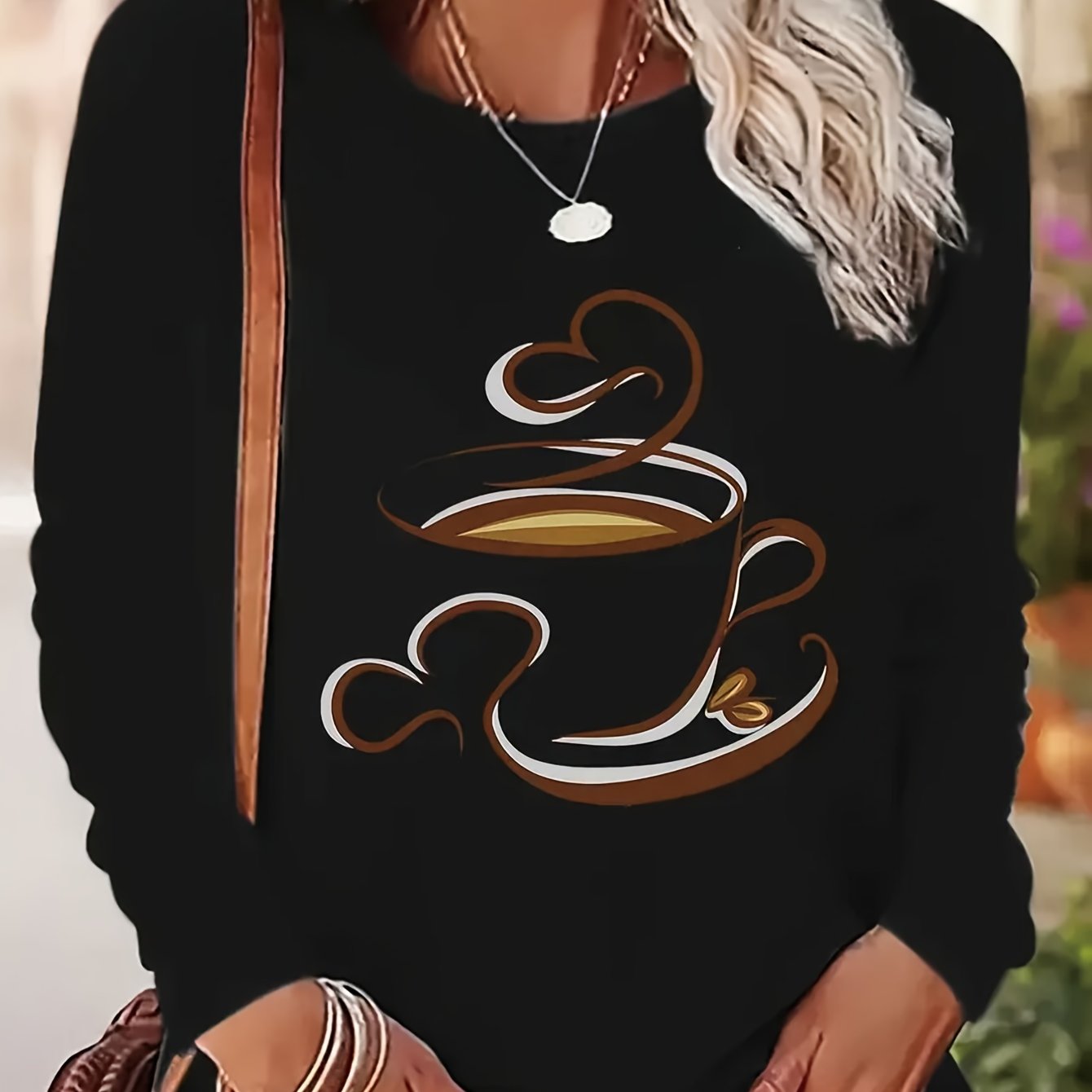 TEMU 1pc Women's Casual Coffee Heart Print Long-sleeve T-shirt, Round-neck Polyester Top, Patterned Design, Formal Shirt Suitable For