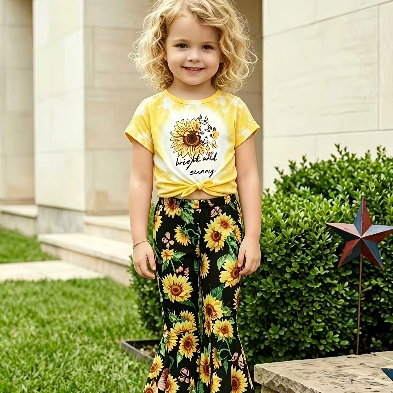 Image of 'sunflower' Girls' Print Short Sleeve Flared Pants Set, Casual Outfit For Daily Wear, Leisure And Vacation, For Outdoor