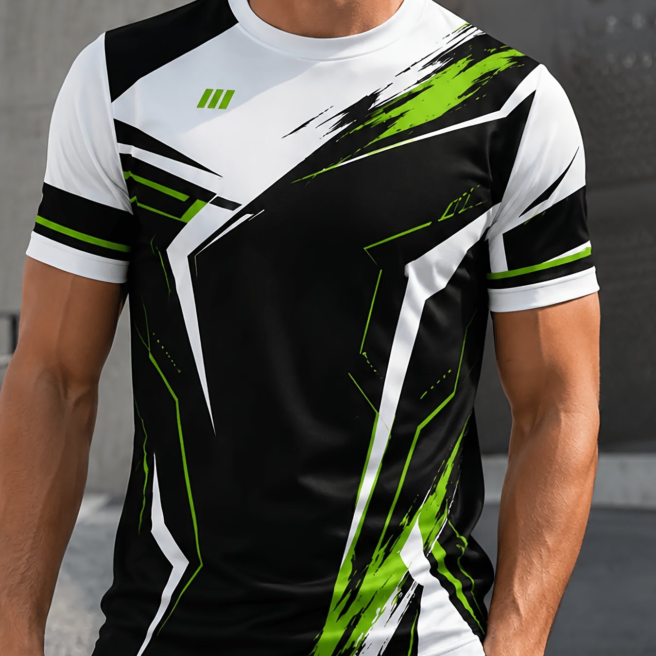 TEMU Men's Summer Athletic T-shirt, Geometric Color-block Print Round Neck Short Sleeve, Training Top