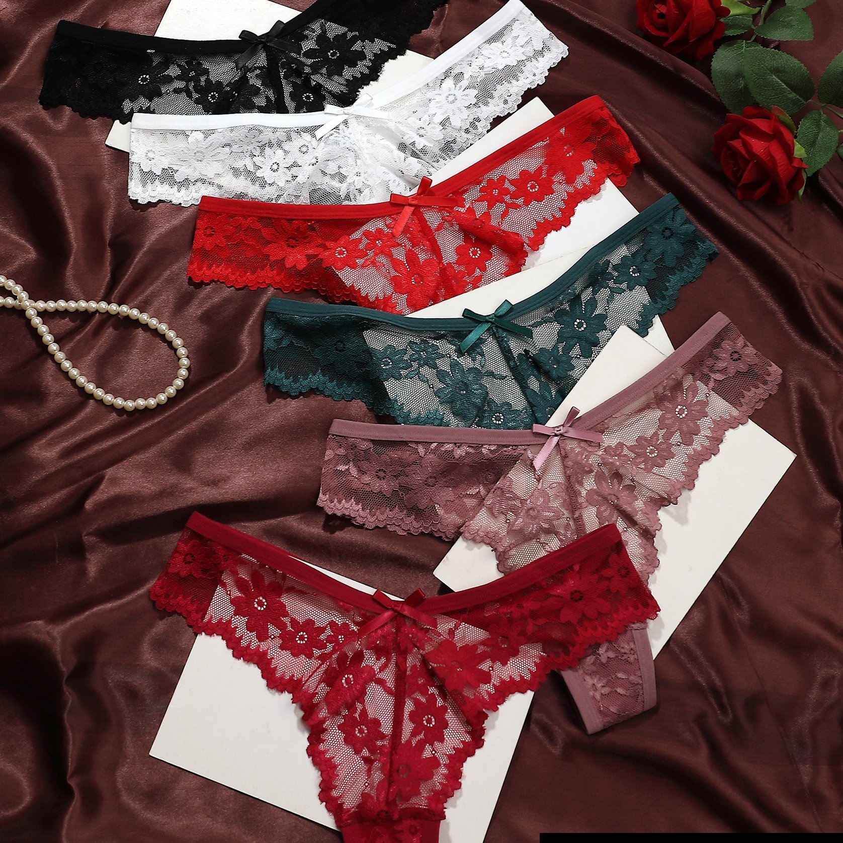 TEMU Lot de 6 culottes en dentelle jacquard florale décorées d'un nœud, , charmantes, confortables, respirantes, moulantes, écologiques, en dentelle