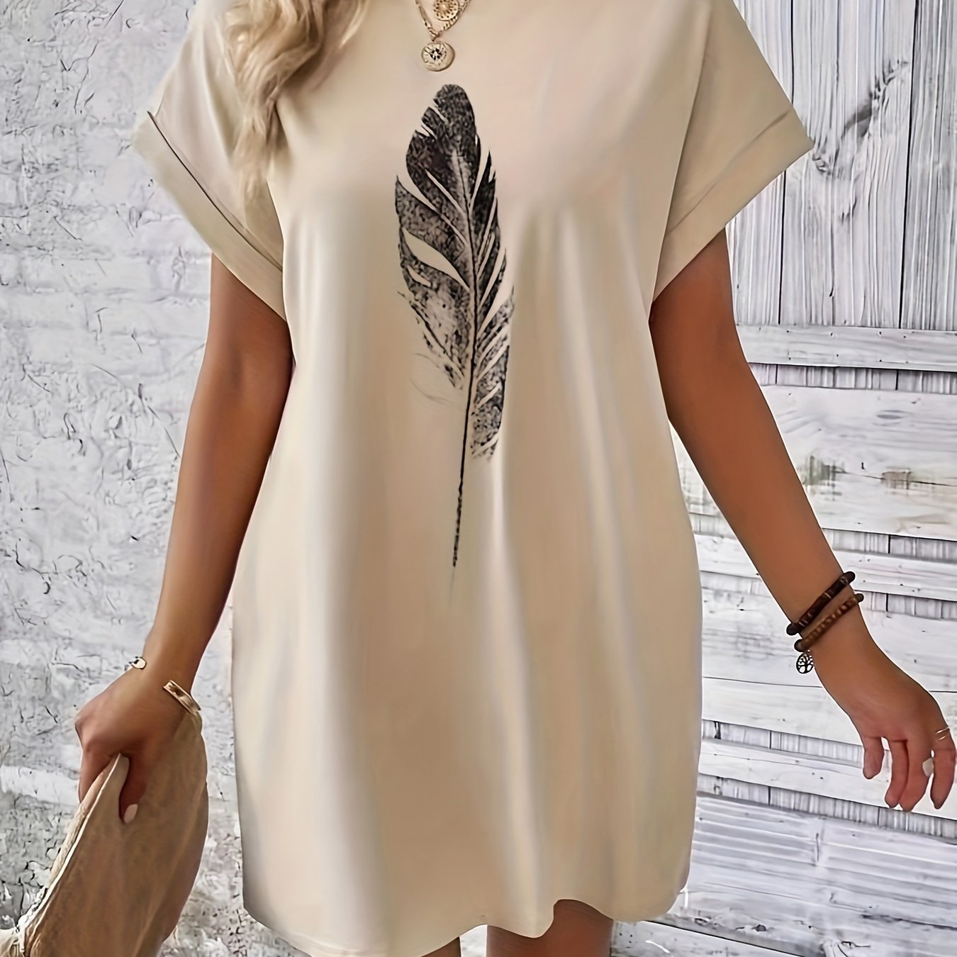 TEMU Feather Print Pocket Tee Dress, Batwing Sleeve Crew Neck Casual Dress For Summer & Spring, Women's Clothing