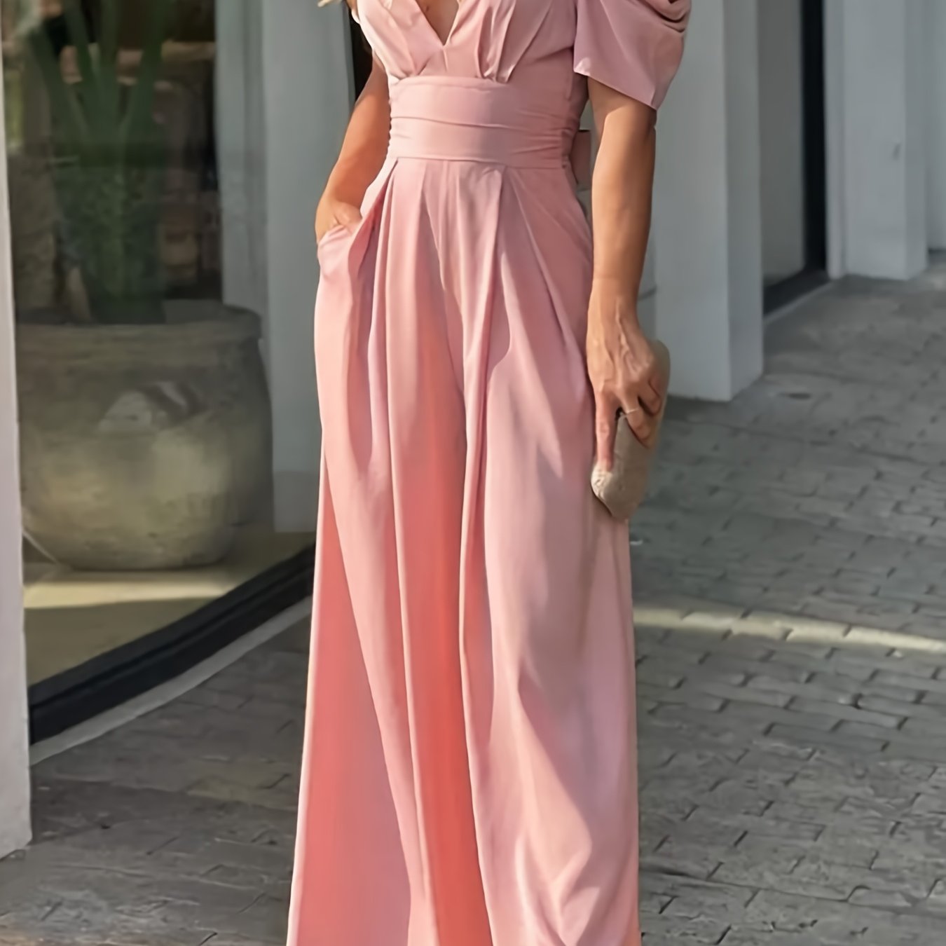 PUFF SLEEVE PLUNGE WIDE LEG JUMPSUIT ML-CH6487