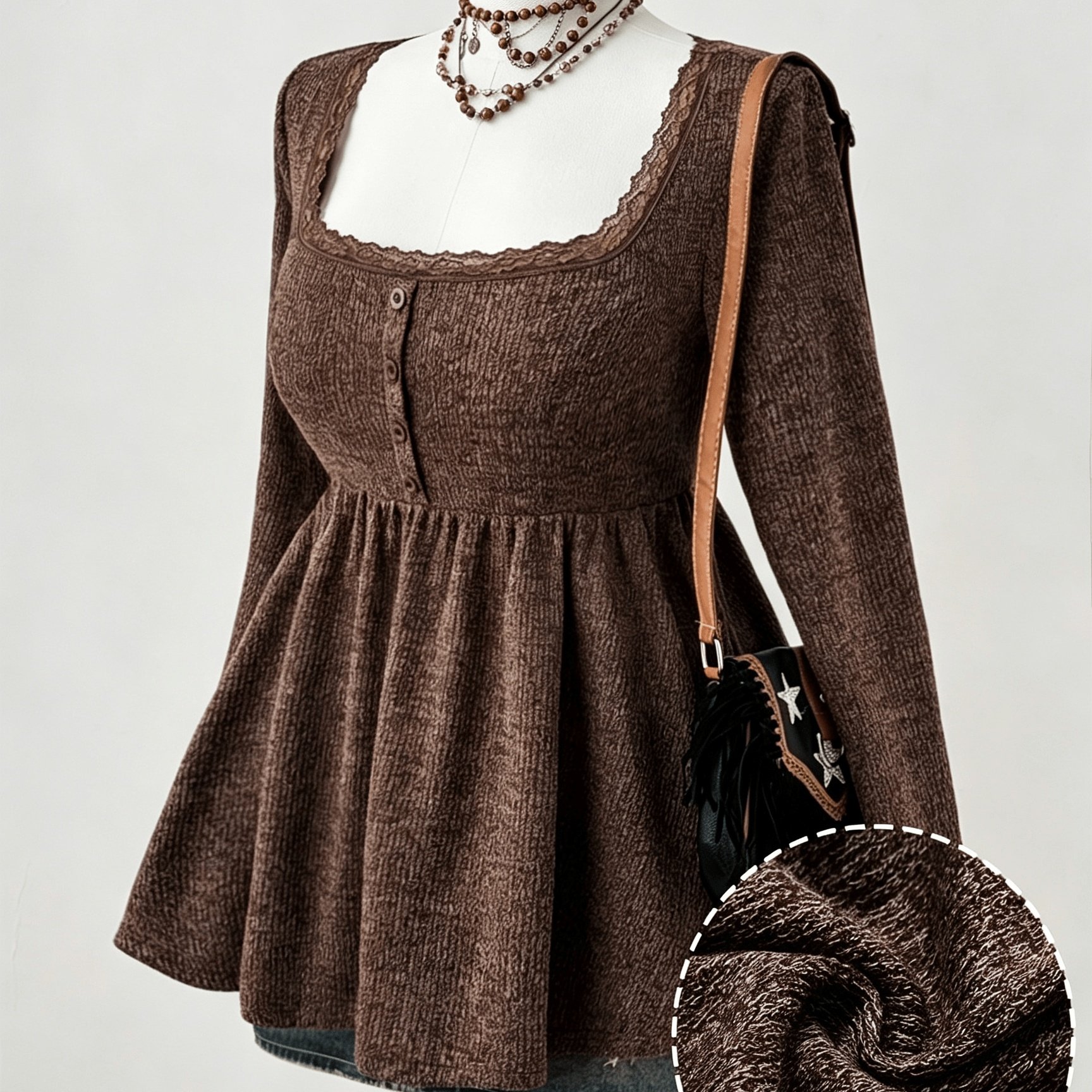 TEMU Plus Size Autumn Winter Square Neck Long Sleeve Button Pleated Sweater, Casual Daily High-stretch Retro Elegant Top