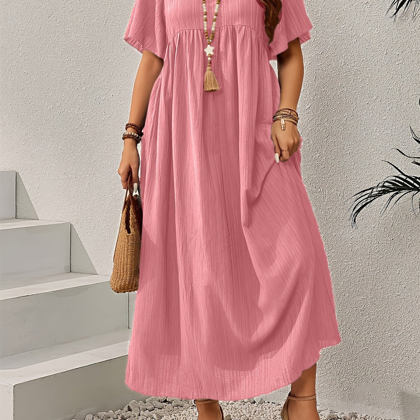 TEMU Plus Size, Plus Size Women's Bohemian Maxi Dress - V-neck Batwing Short Sleeve -line Batwing Suitable For Daily Wear & Vacation Outfits, Machine