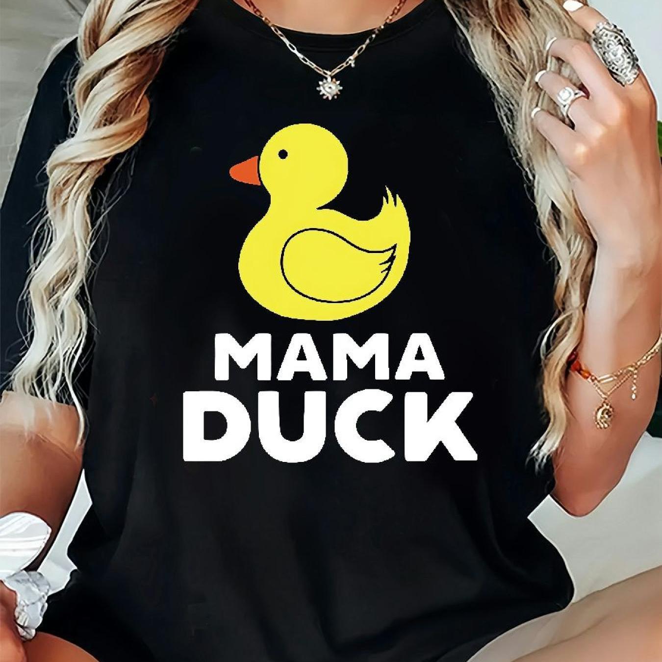 TEMU Valentine's Size Women's Casual Crew Neck T-shirt - Cute Duck Cartoon Print & "mama Duck" Graphic, Stretchy Fabric, Short Sleeve, Machine