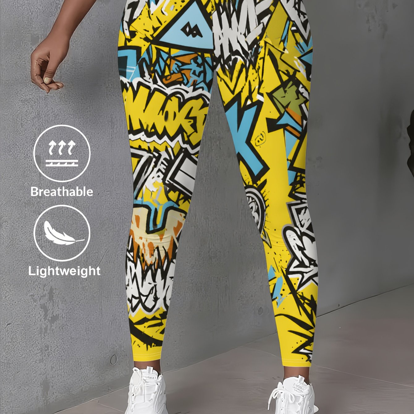 TEMU Women's Leggings, Base Layer Trousers, Colorful Graffiti Pattern, Breathable Lightweight High-waist Elastic Long Pants