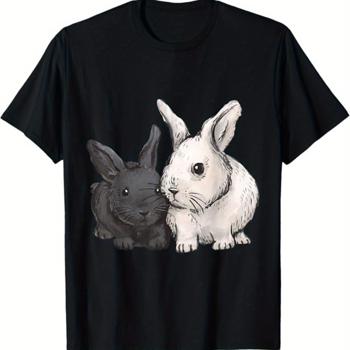 Image of Men's Graphic T-shirts Featuring A Detailed Black And Of A Gentle And Cute Bunny Rabbit