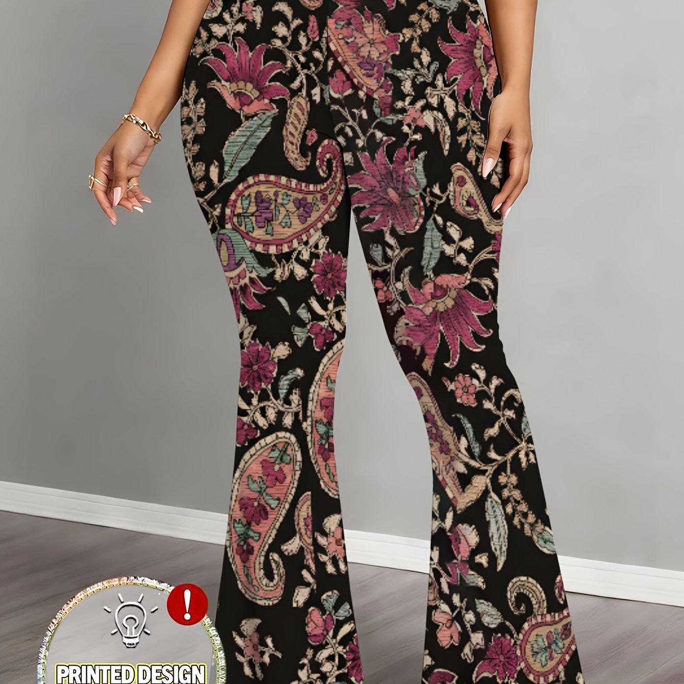 TEMU Plus-size Women's High-waist Flared Pants, New Fashionable Printed Flared Pants With Elastic Waistband, Slightly Tapered Micro-flare Trousers,