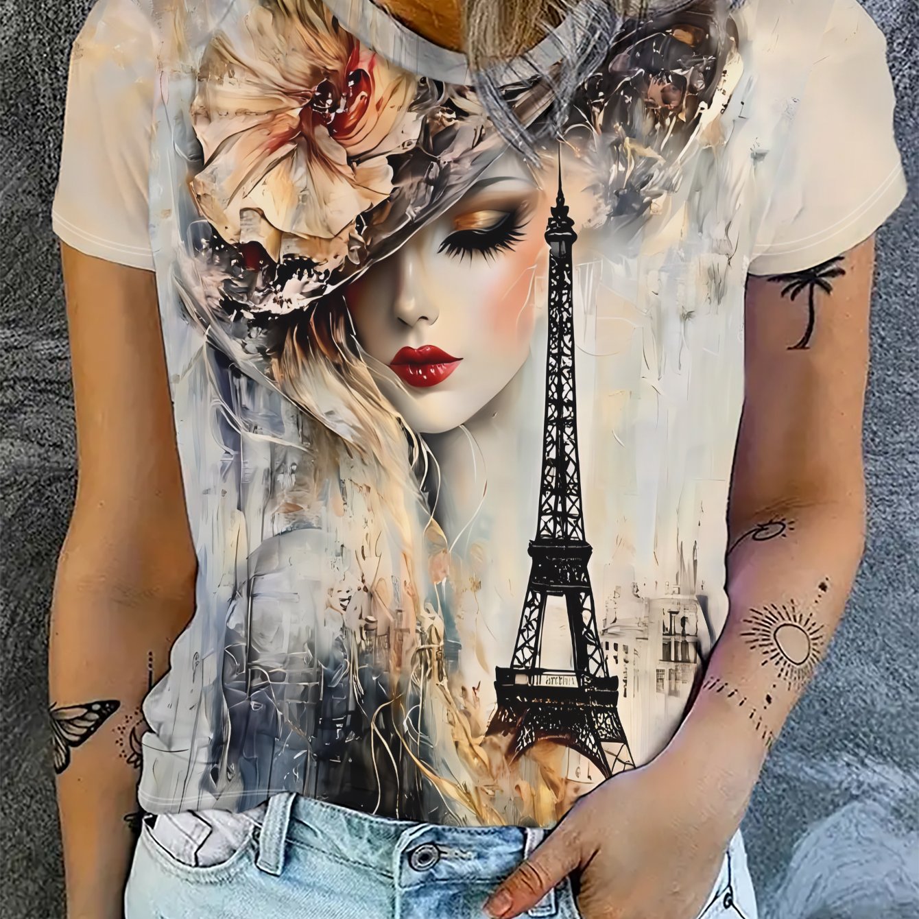 TEMU Women' French-themed Short-sleeve T-shirt - Tower & Print Round Neck Blouse-compatible Top Suitable For Spring/summer Casual Wear, Machine