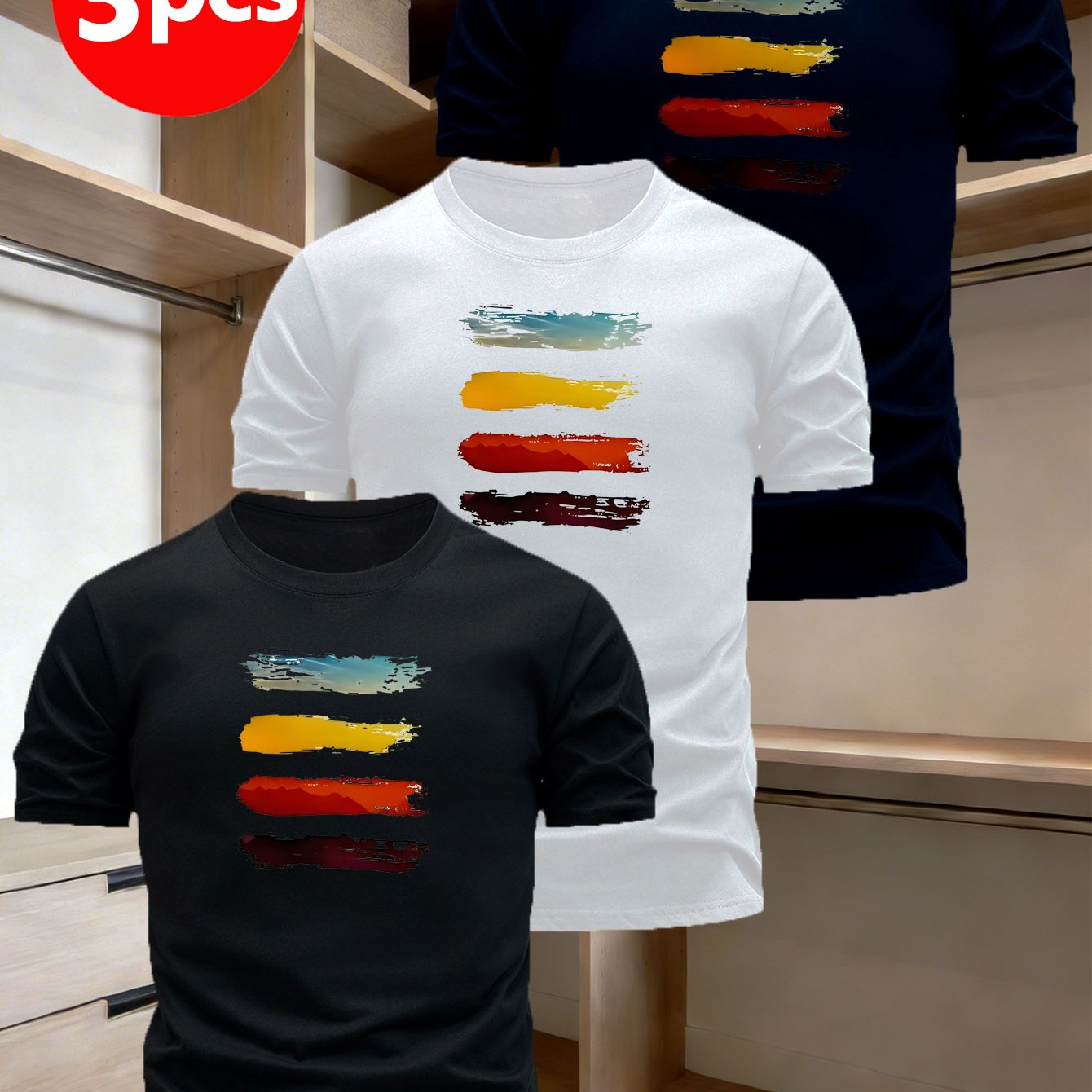TEMU Summer Art Lover Gift Gradient Abstract Oil Painting Graphic T-shirt 3pcs For Men, Breathable Casual Crew Neck Short Sleeve Tees