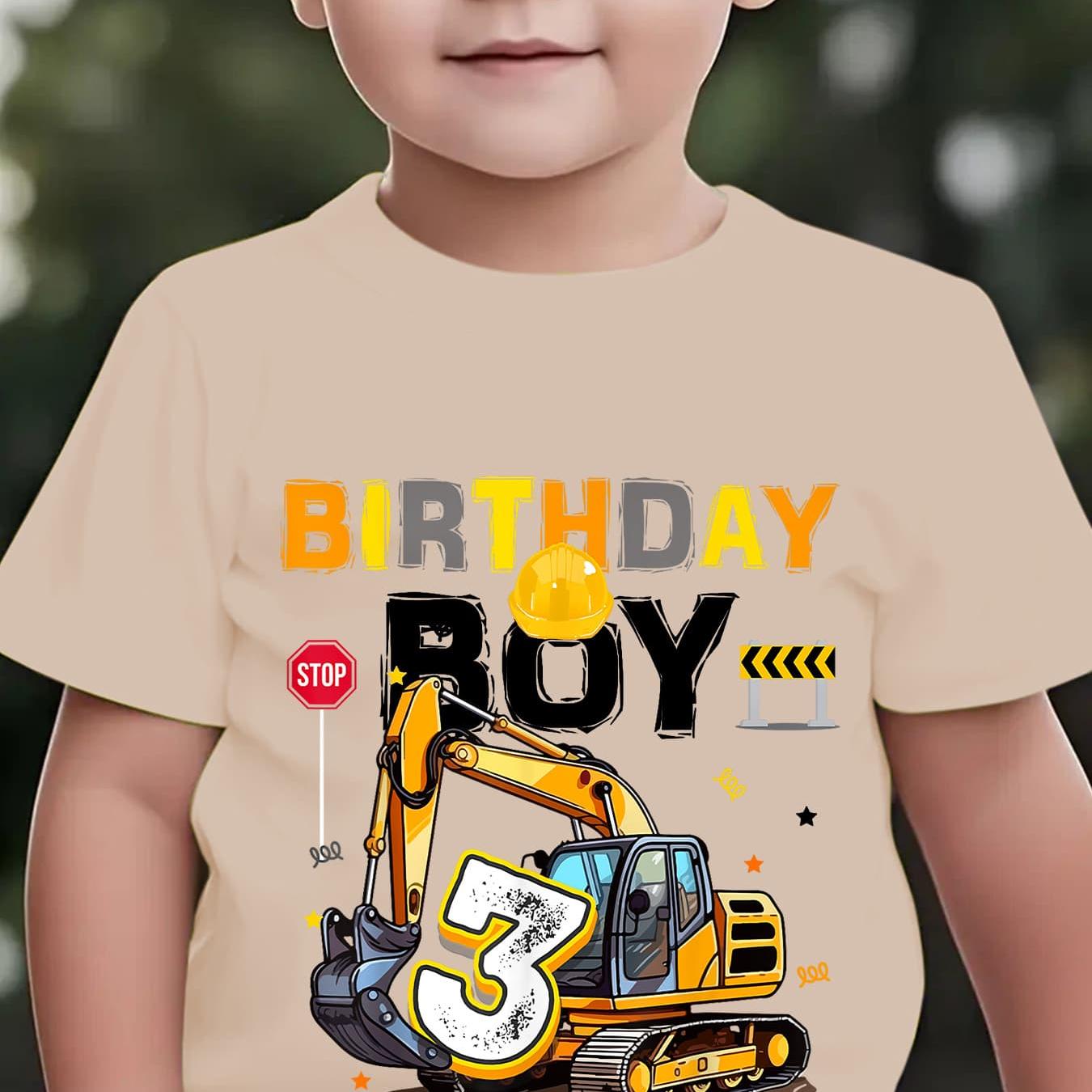 Image of Birthday Edition 'summer Boys' Fashion Short-sleeve Boy 3, "happy 3rd Birthday" Excavator Element Cartoon Pattern Print Outdoor Casual Top Ny-dx8968