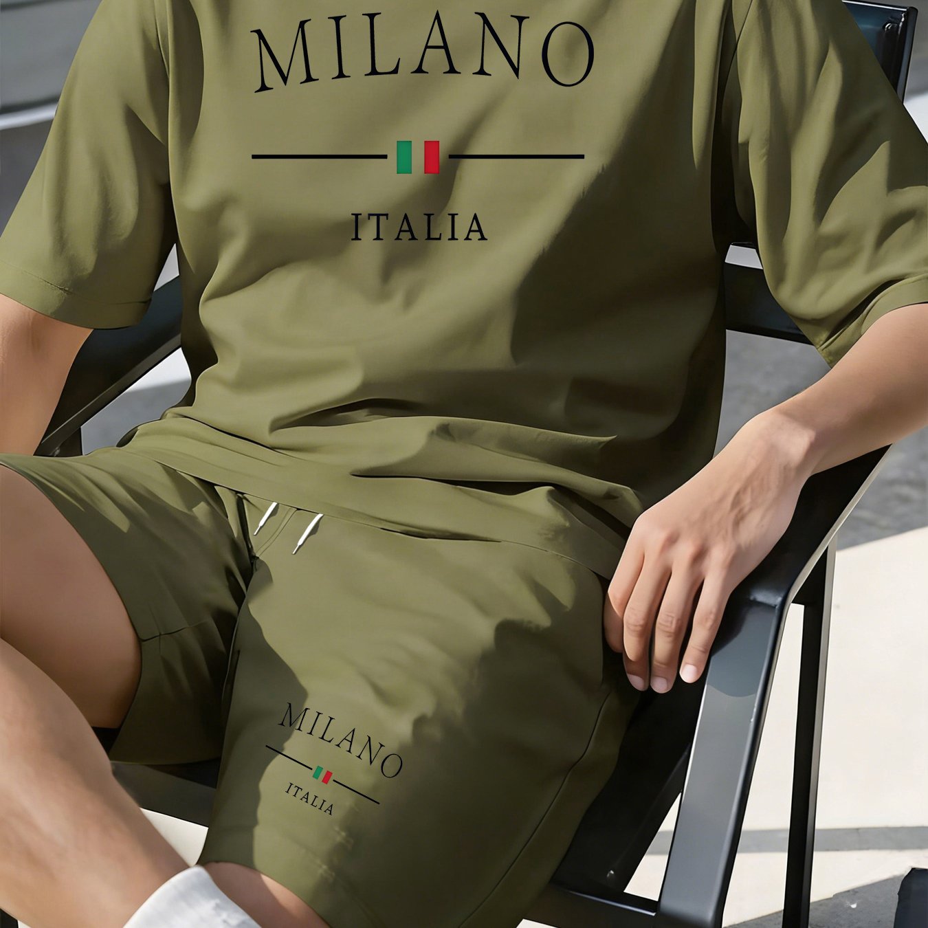 TEMU Men's Casual Comfortable Breathable Sports Short Sleeve And Shorts Set, Featuring Italia Logo, Suitable For Daily Home Outdoor Multi- Wear,