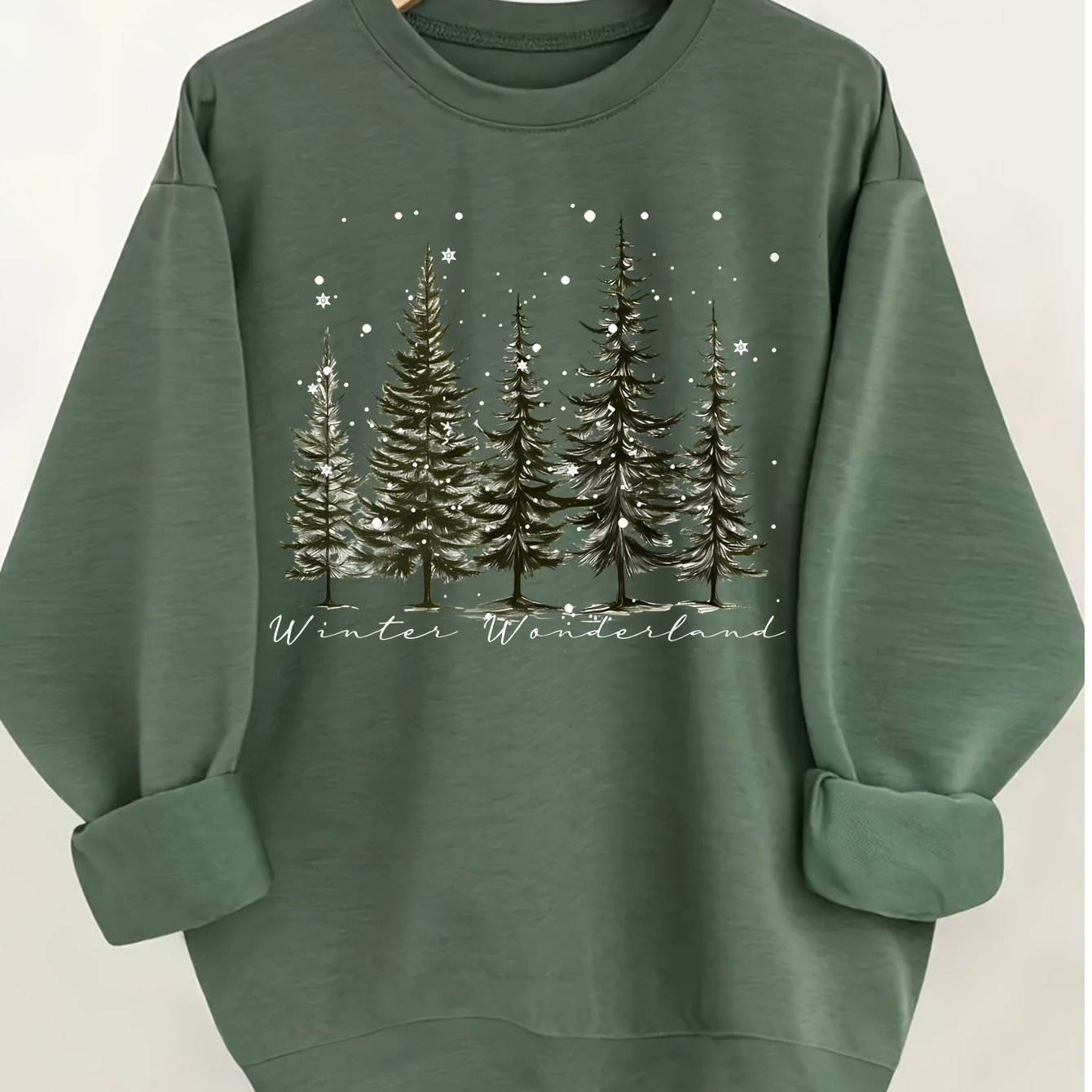 TEMU Women's Christmas Sweatshirt 2024, Fashionable Polyester Hoodie, Casual Round Neck, Festive Holiday Print, All-season, Knit Fabric, Green