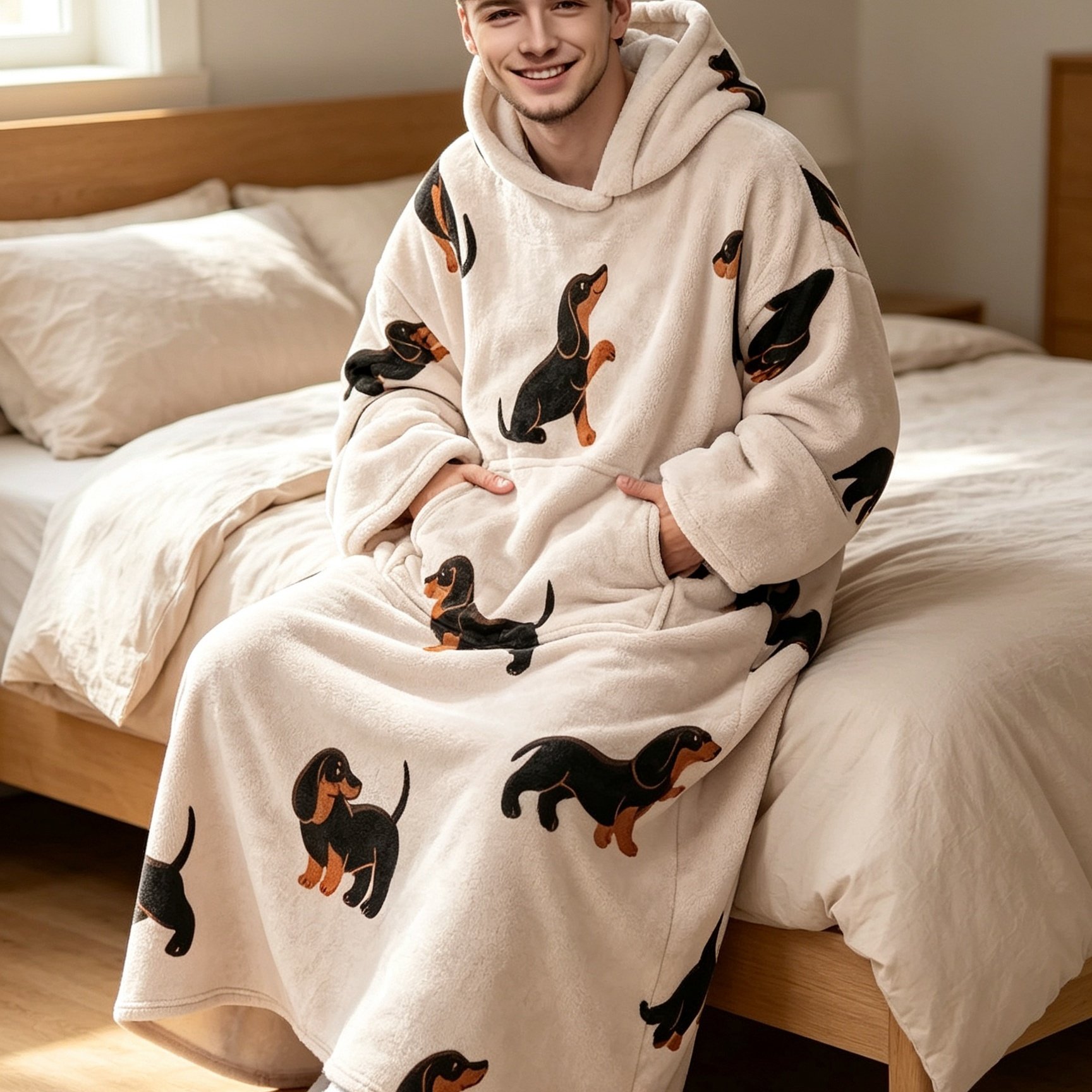 TEMU 1pc Men's Cartoon Sausage Dog Pattern With Velvet Hooded Robe - Loose Breathable Warm Autumn/winter Pajama Set With Large Pocket